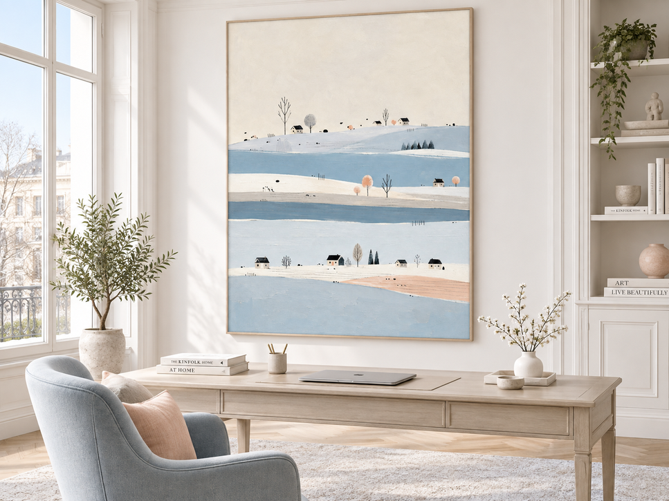 Minimalist Naive Art Oil Painting With Ethereal Snowy Village Scene