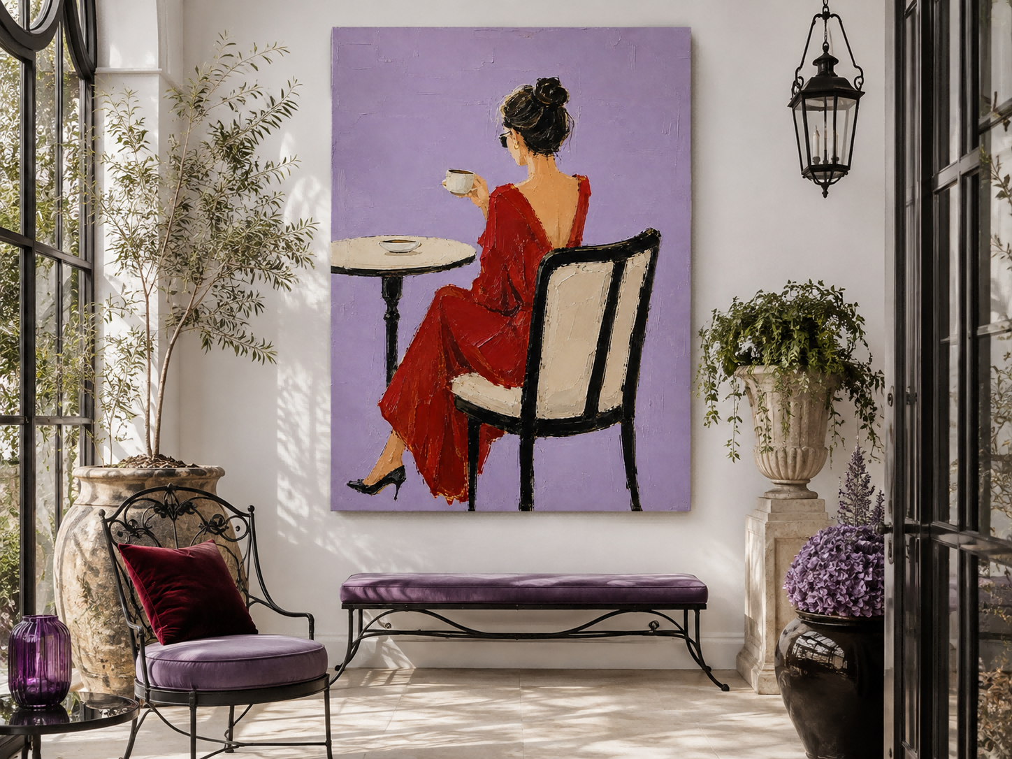 Elegant Red Dress Woman Painting Minimalist Purple Background Impasto Oil Art For Living Room Decor