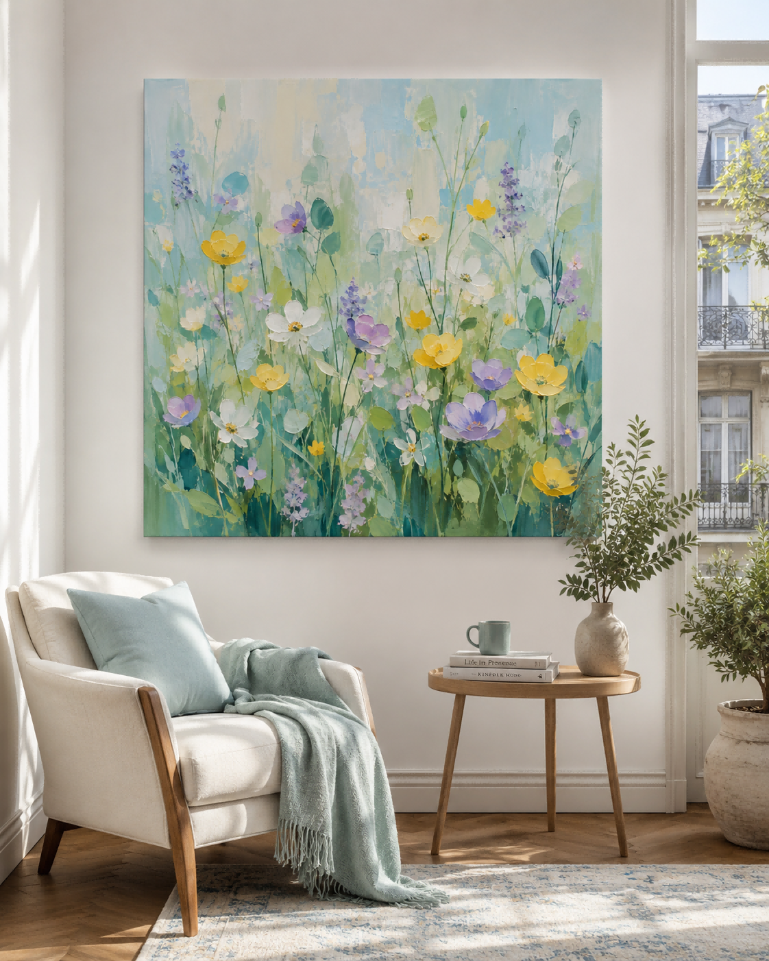 Hand-Painted Floral Meadow Canvas Art With Impasto Texture For Modern Home