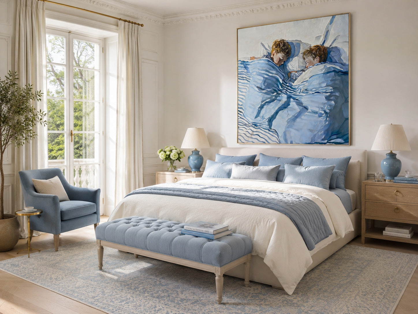 Original Sleeping Children Artwork Soft Blue Linen Texture For Kids Nursery