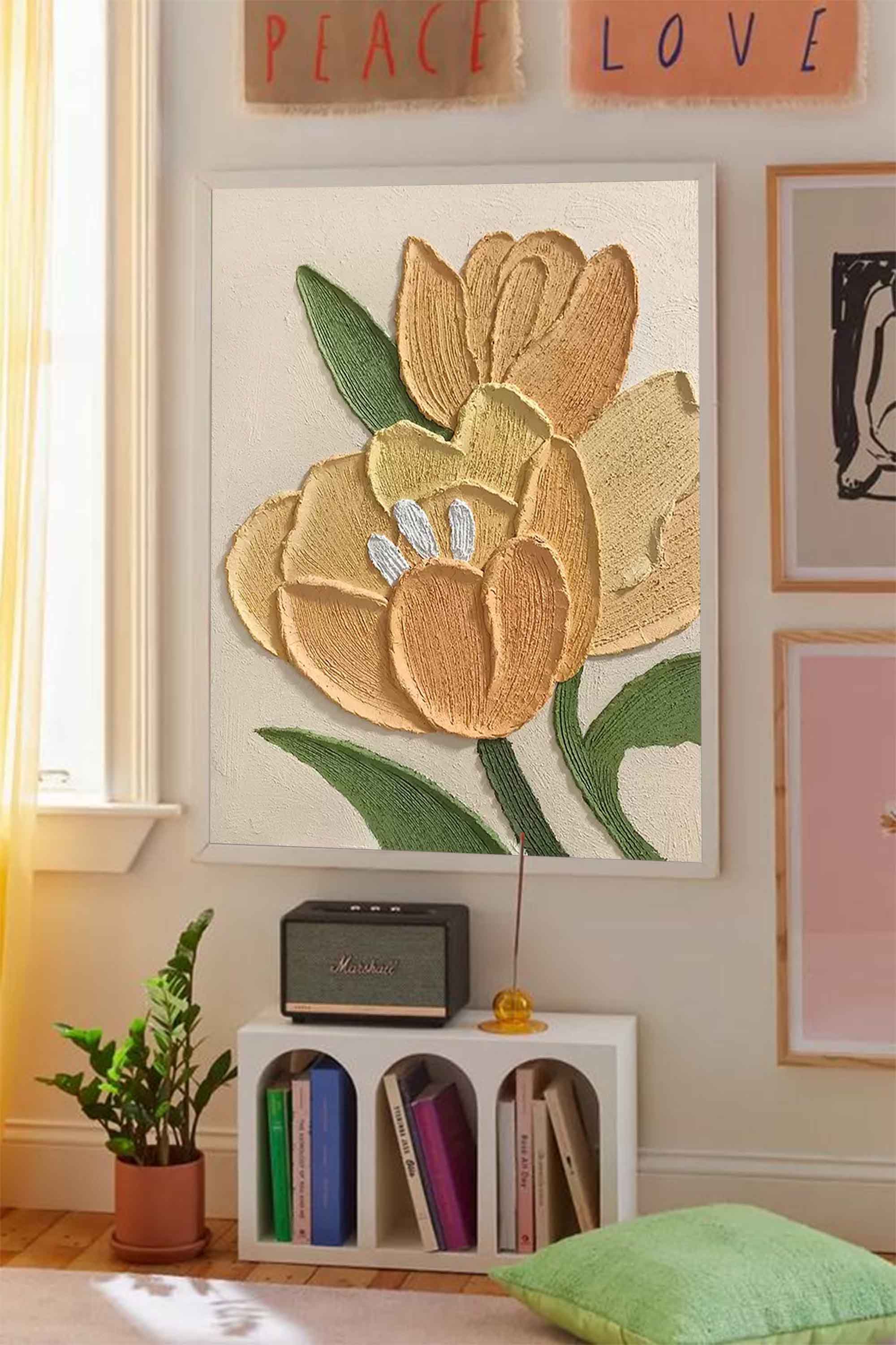 Warm Yellow Modern Floral Oil Painting On Canvas Large Textured Floral Acrylic Painting Original Flower Wall Art Home Decor