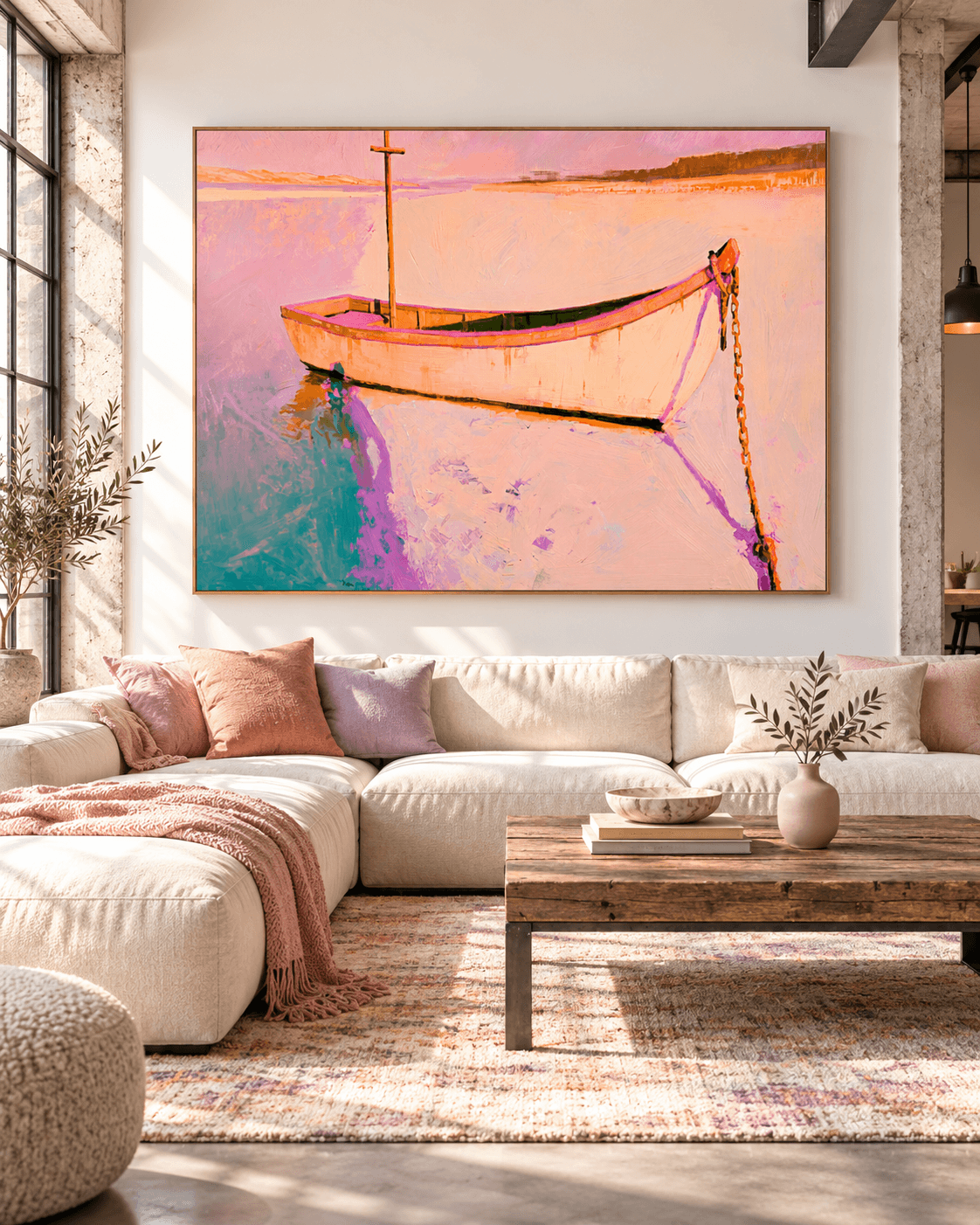 Hand-Painted Boat On Water Canvas Art With Pink Sunset