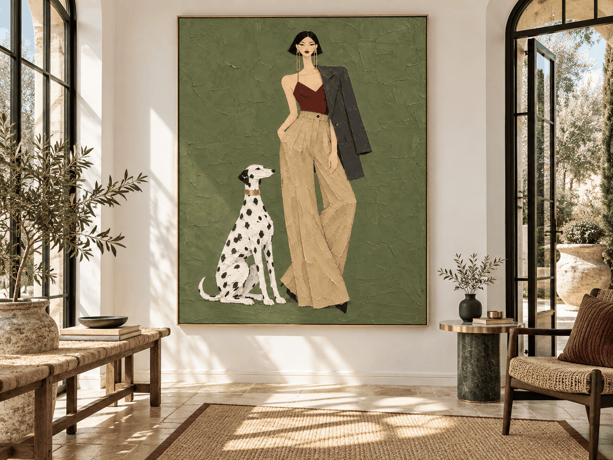 Hand-Painted Fashion Woman And Dalmatian Dog Canvas Art Vintage Modern Textured Painting