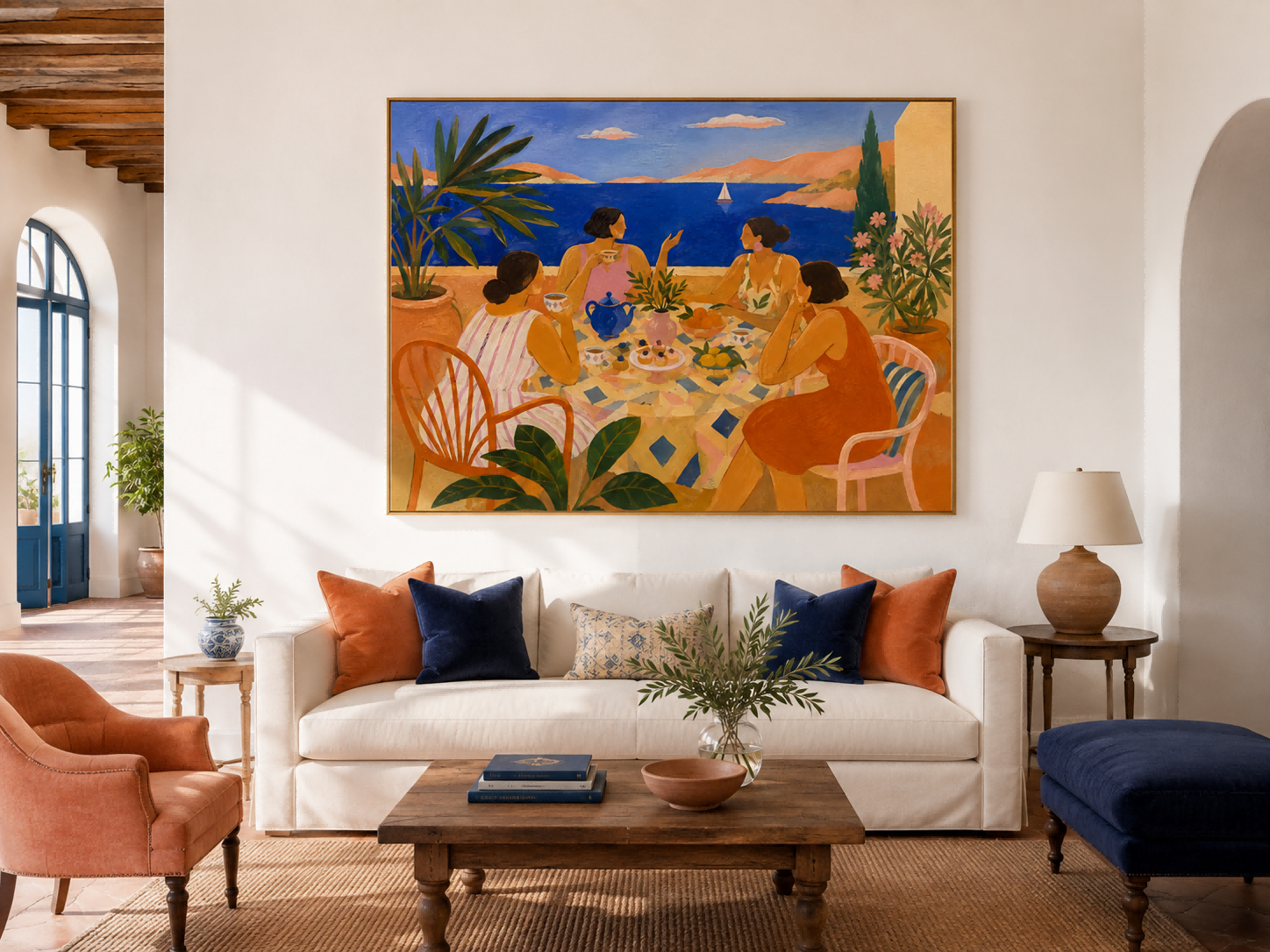 Dreamy Art Deco Style Painting Of Coastal Leisure And Elegant Tea Time