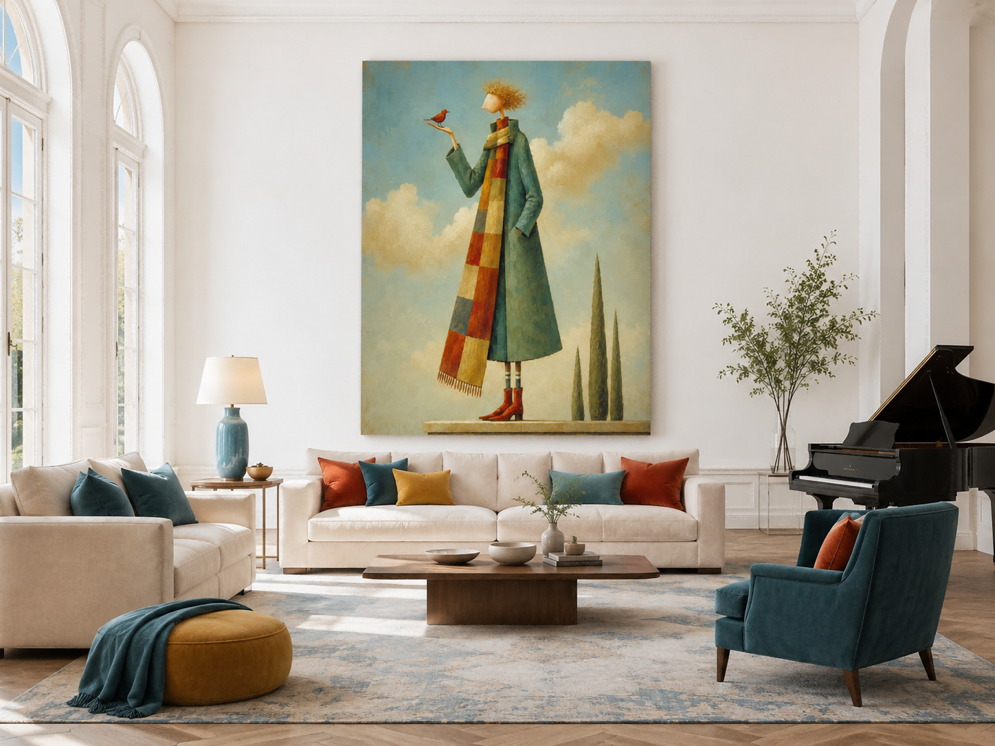 Whimsical Art Deco Painting With Textured Brushwork And Dreamy Sky Atmosphere