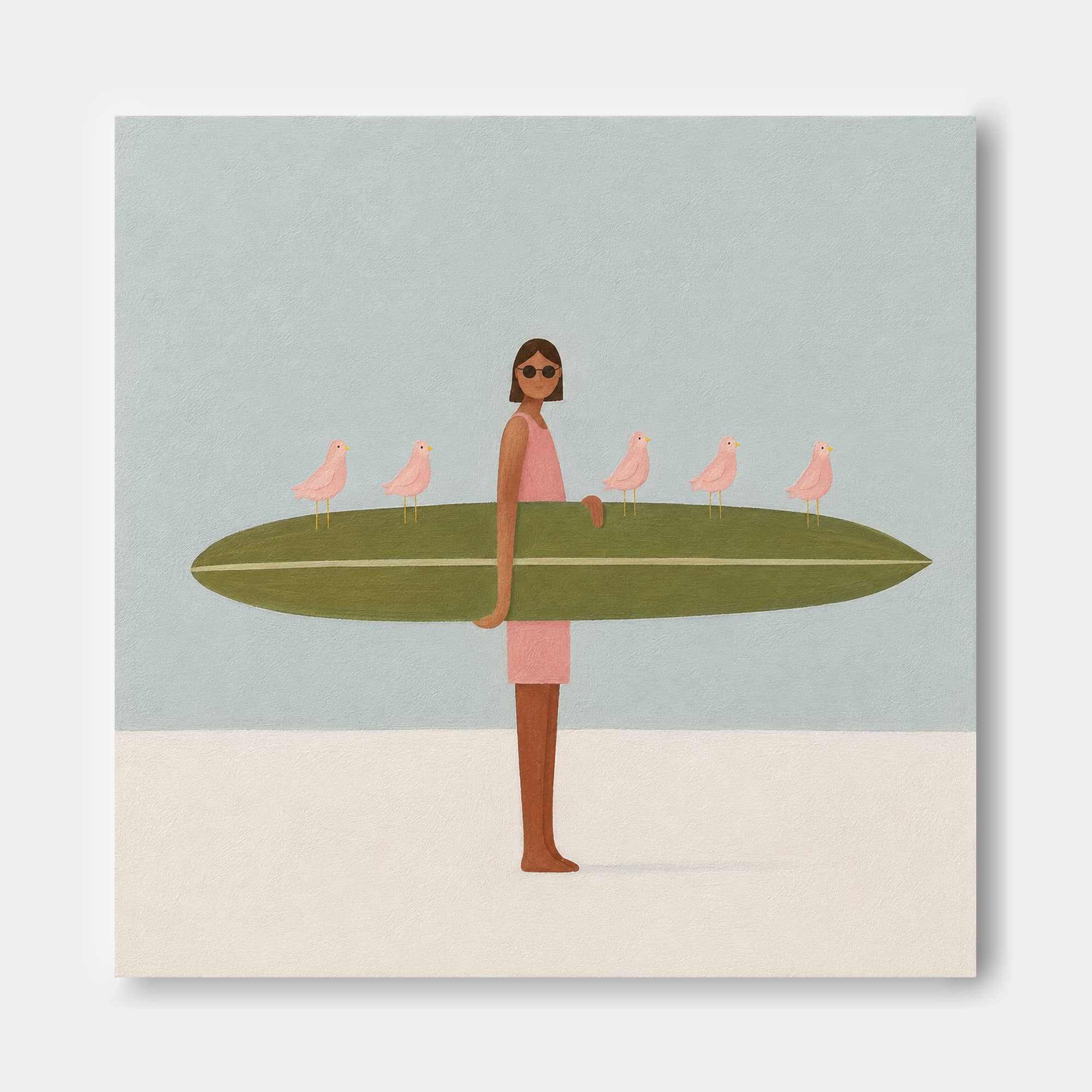 Hand-Painted Surfboard Girl With Birds Abstract Canvas Art In Green And Pink