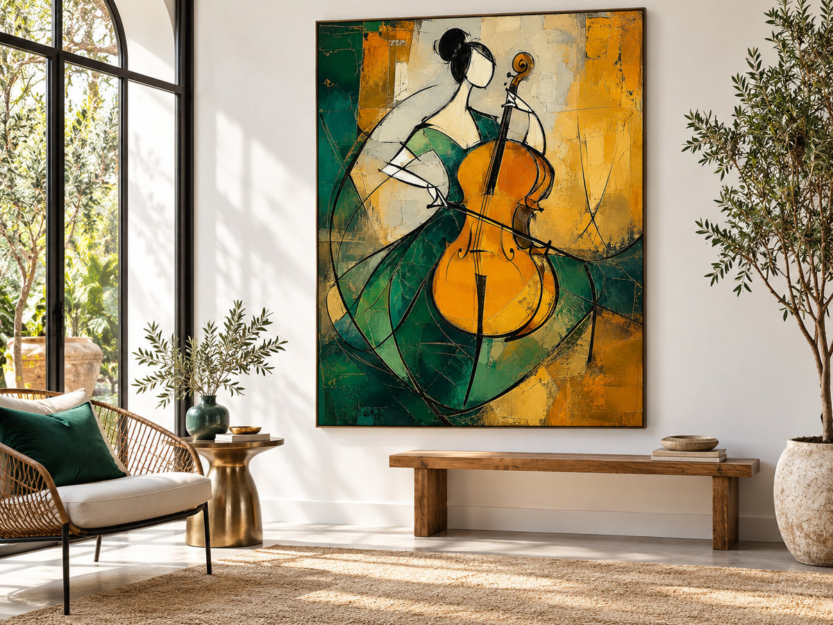 Cubist Style Minimalist Oil Painting With Textured Emerald And Gold Tones
