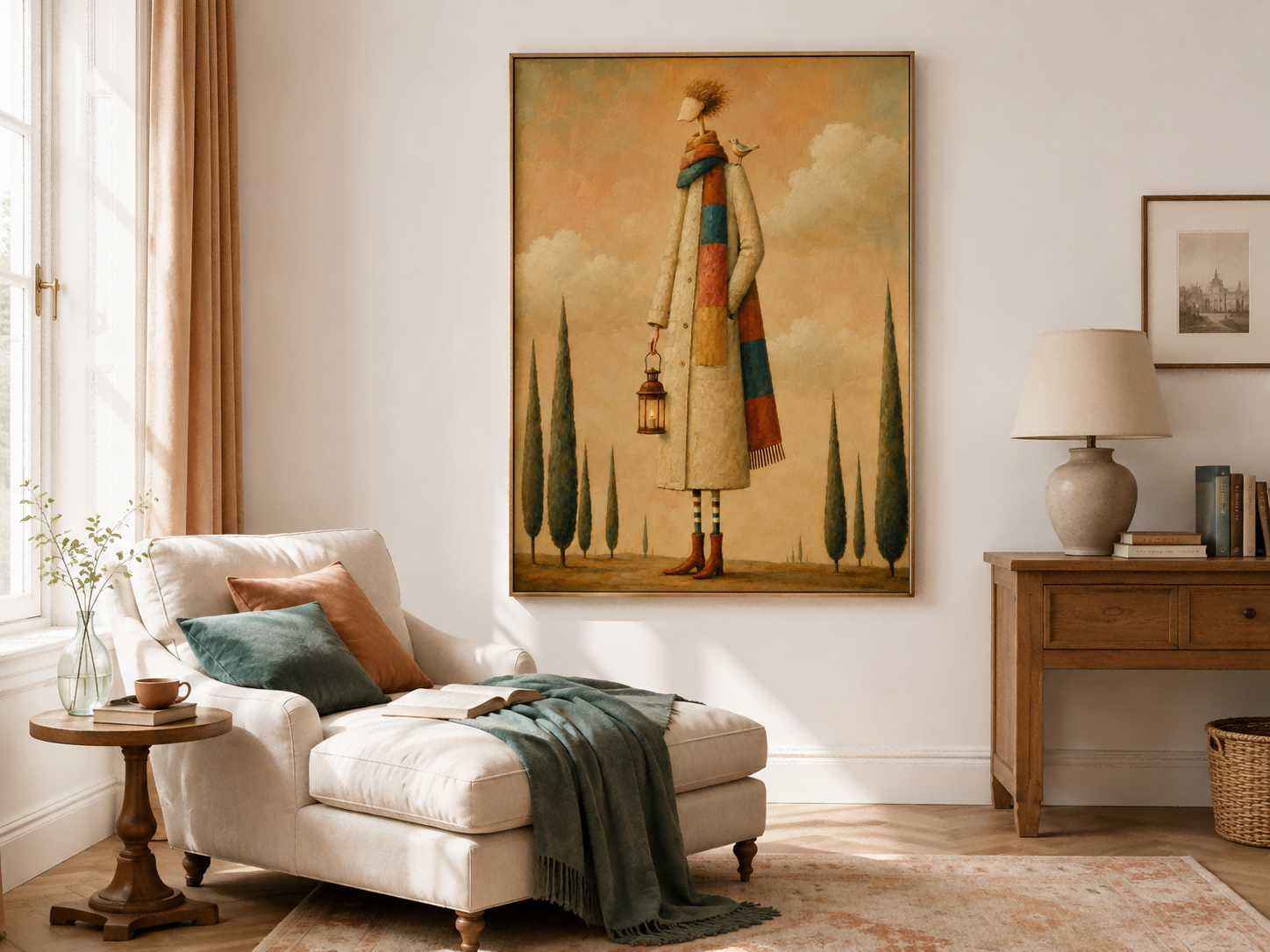 Surreal Man With Lantern And Bird Canvas Painting In Warm Beige Tones