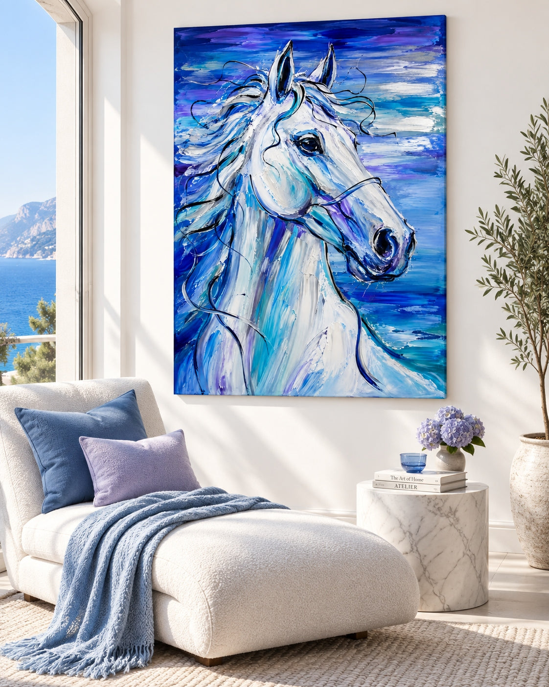 Expressive Impasto Horse Oil Painting With Dreamy Violet And Cobalt Hues