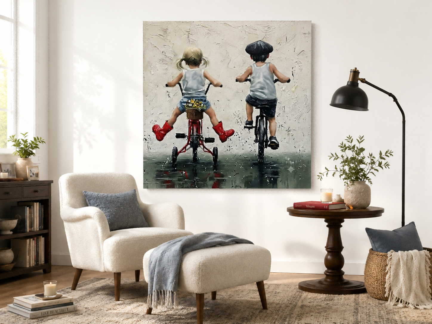 Charming Kids Riding Bikes In Rain Original Oil Painting Square Canvas Wall Art For Nursery