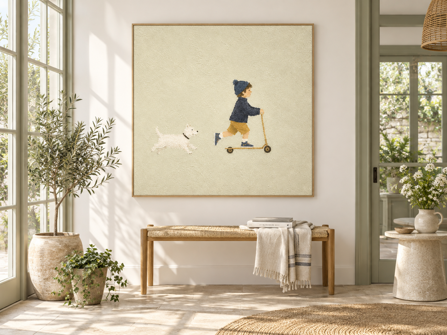 Modern Naive Art Canvas Painting Abstract Boy And Dog Story