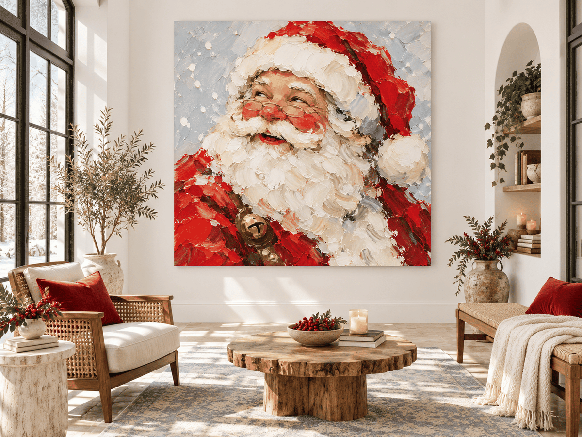 Hand-Painted Santa Claus Portrait With Gold Bell And Glasses Original Canvas Art