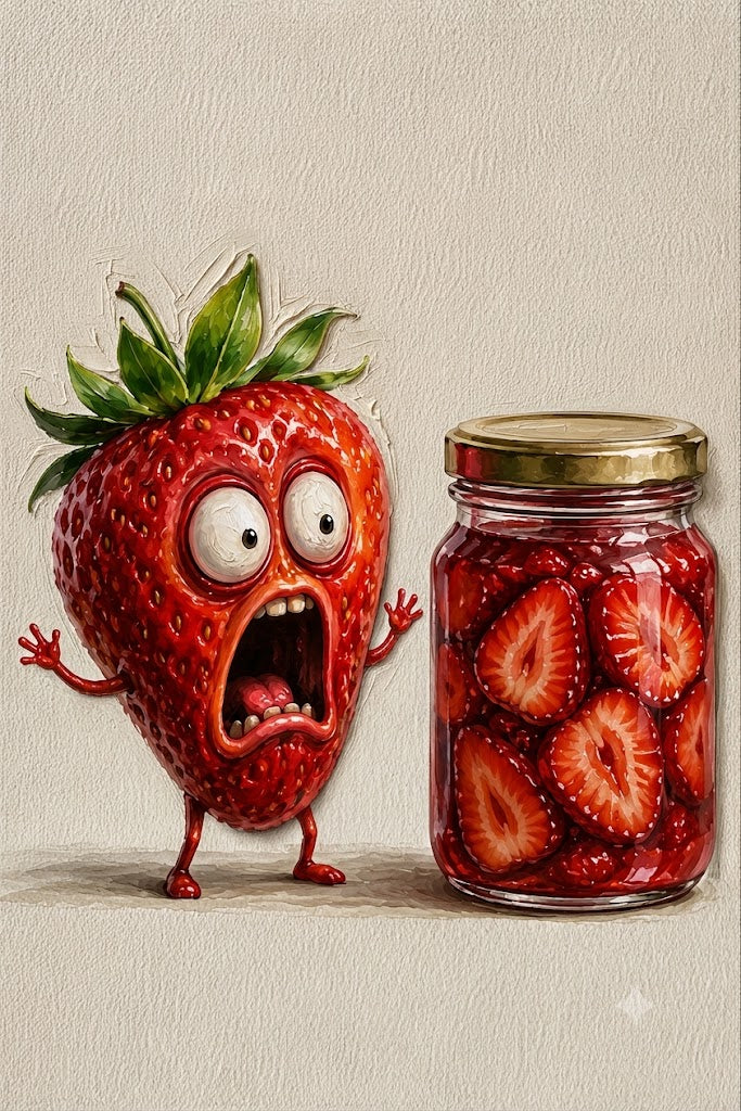 Surreal Strawberry Character Art With Abstract Elements Hand Painted Canvas For Playful Living Room And Dining Area Design