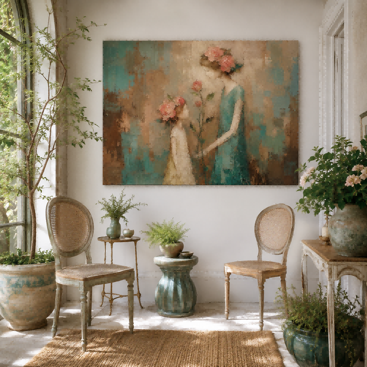 Hand Painted Impasto People Art With Soft Pink Flowers In Retro Style For Bedroom And Lounge Walls
