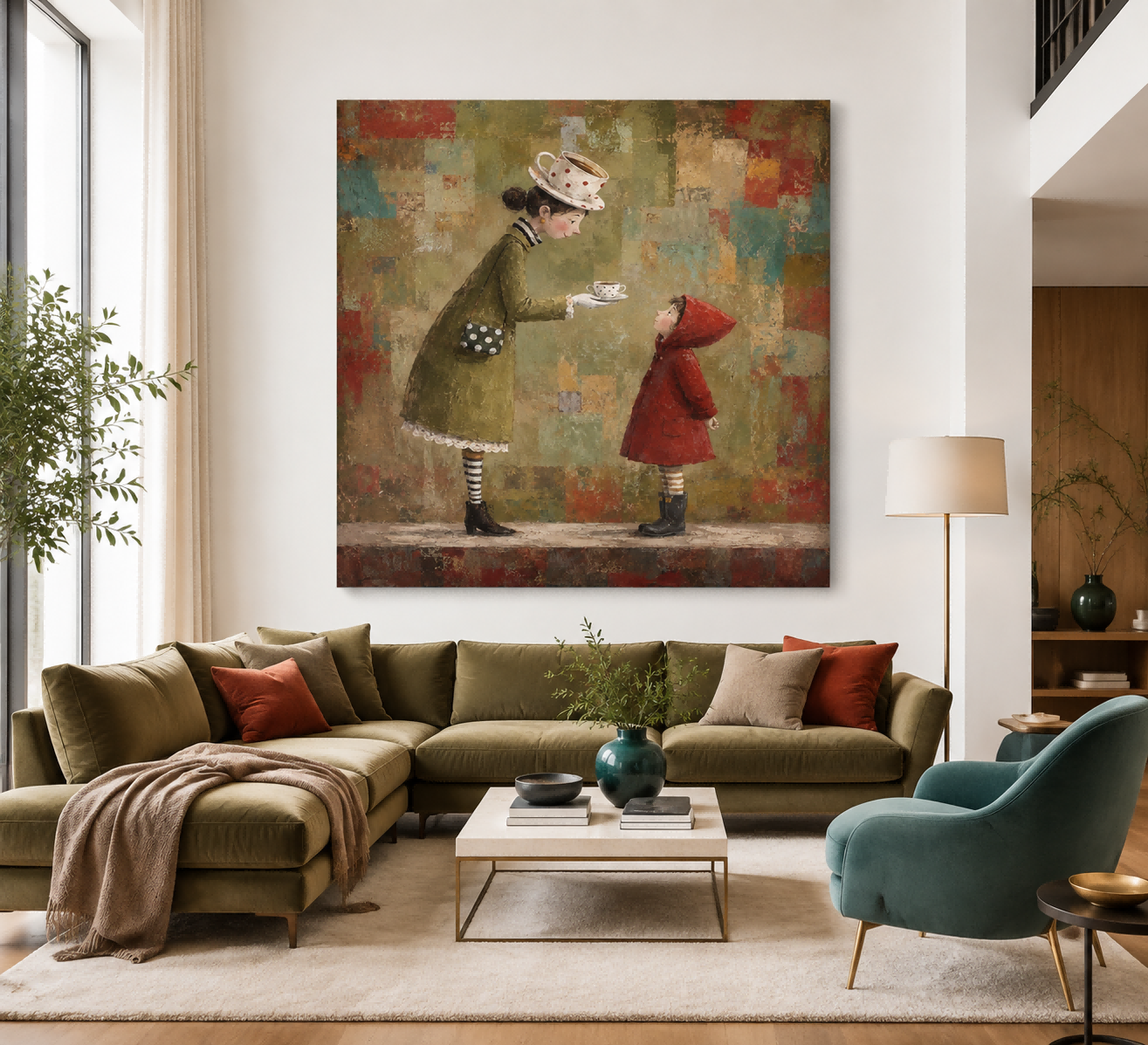 Hand-Painted Woman And Child Canvas Art With Vintage Tea Theme