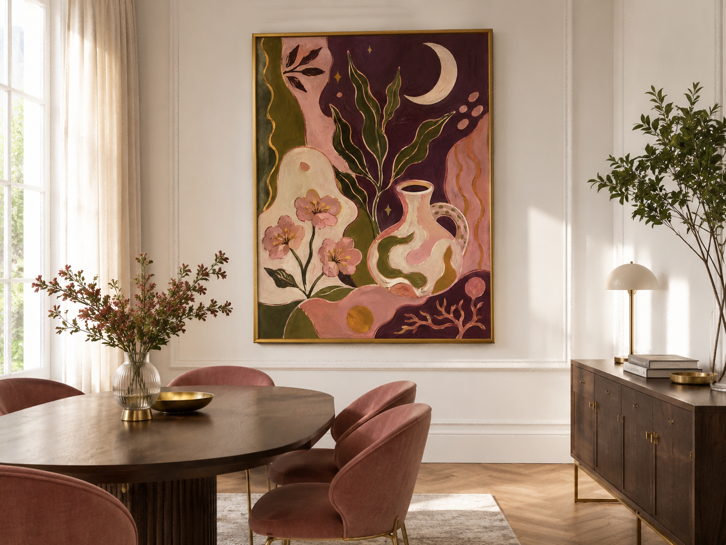 Fantasy Floral And Moon Art Deco Canvas Painting Hand-Painted Original Wall Art