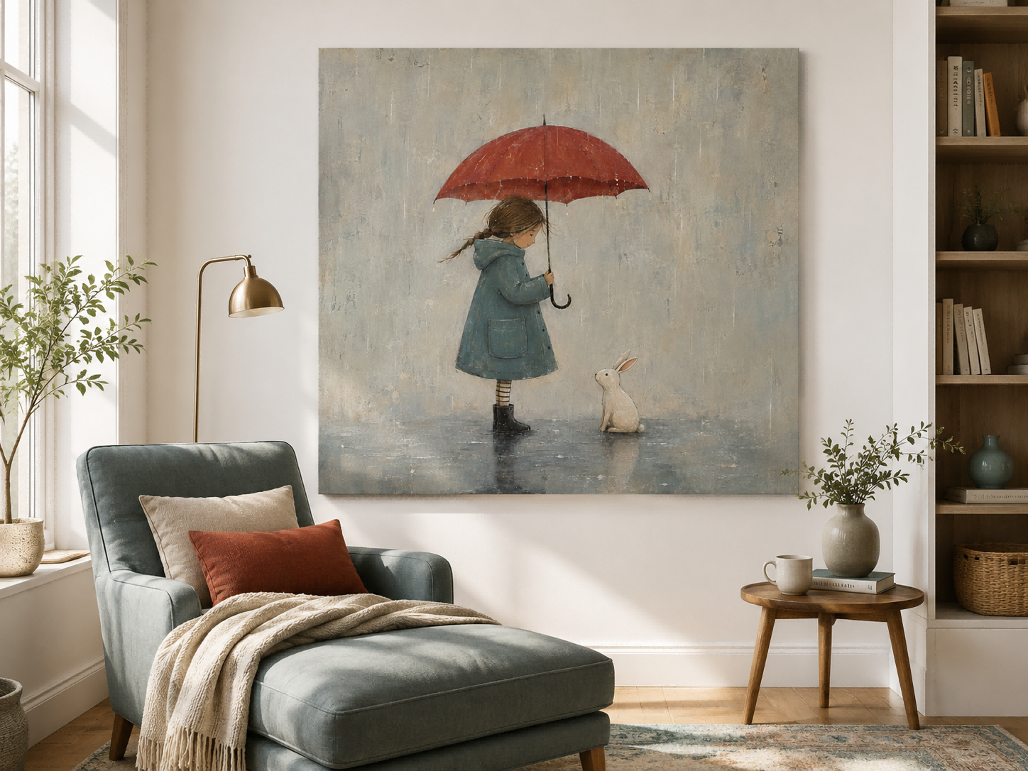 Original Hand Painted Girl And Bunny In Rain Square Artwork For Modern Interior Design