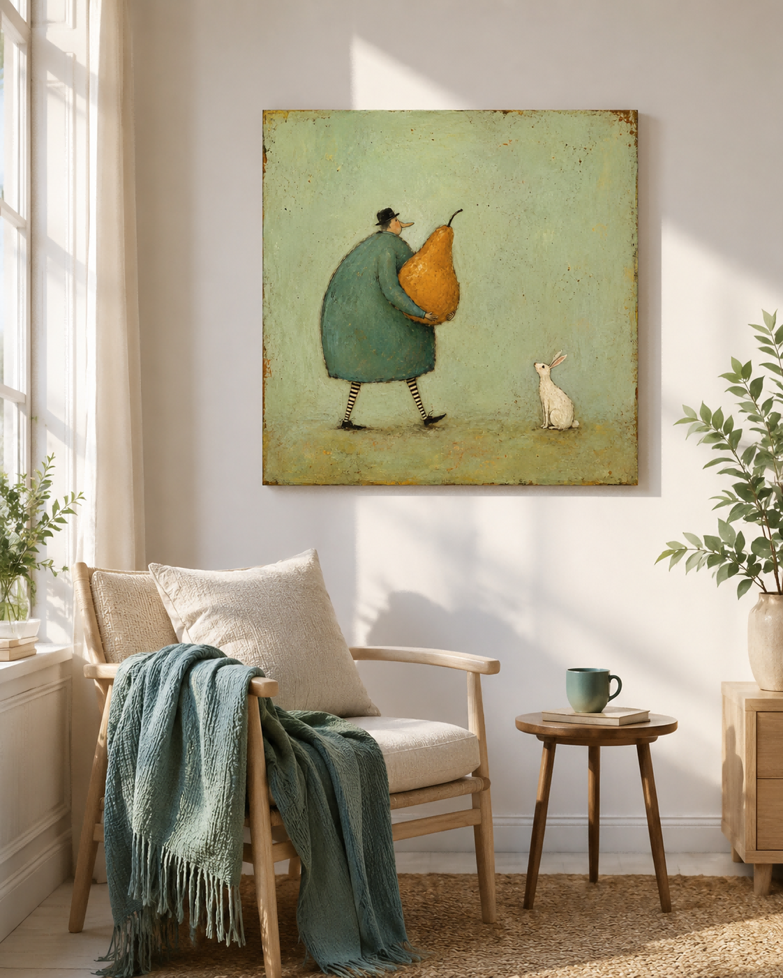Whimsical Retro Illustration Original Canvas Painting Green Orange