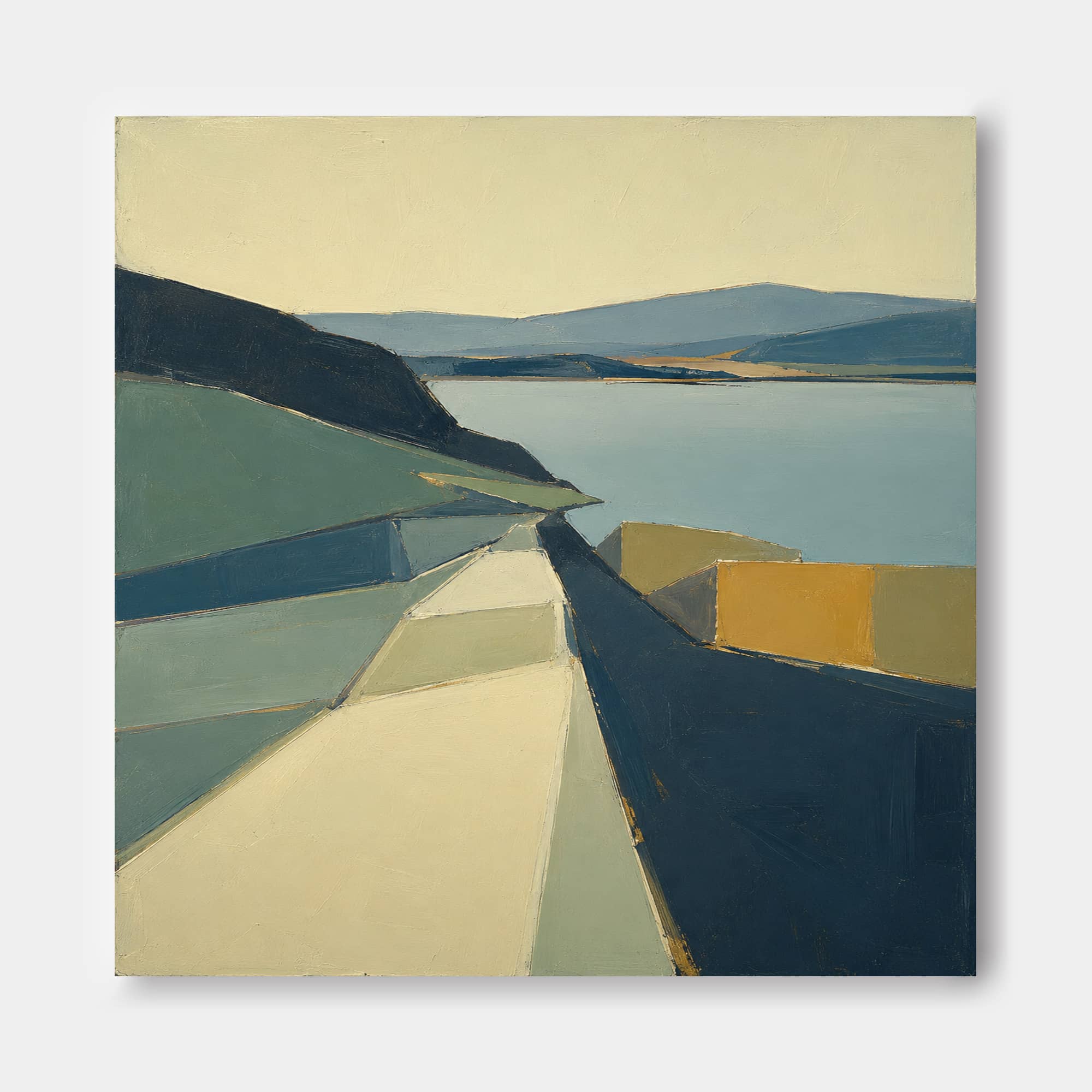 Modern Abstract Landscape Painting With Geometric Forms For Living Room Decor