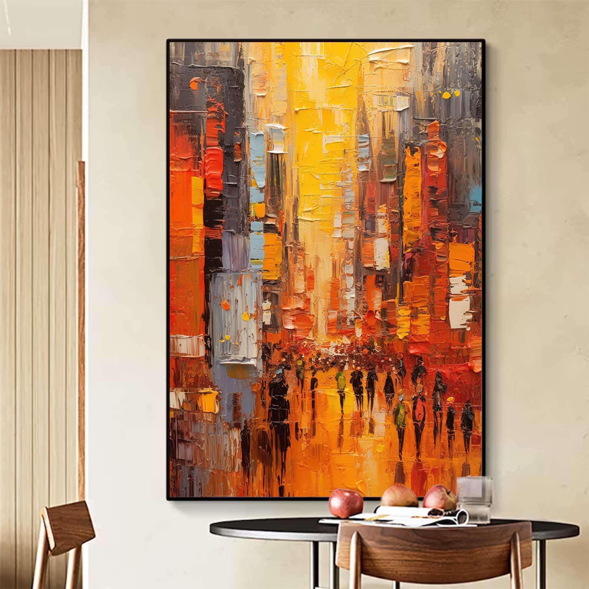 Original Modern Cityscape Oil Painting On Canvas Abstract Urban Scene Art Large Yellow Wall Art Home Decor