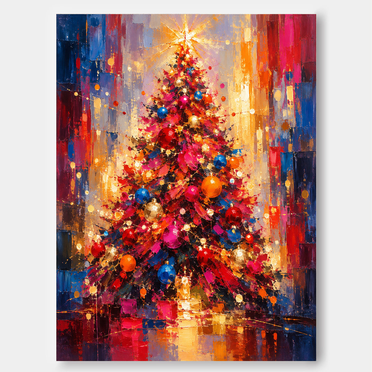 Expressionist Abstract Christmas Tree Canvas Painting With Gold And Red Ornaments For Holiday Decor