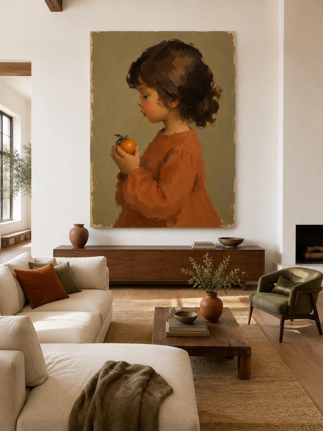 Vintage Girl Portrait With Orange Hand-Painted Canvas Art In Warm Earth Tones