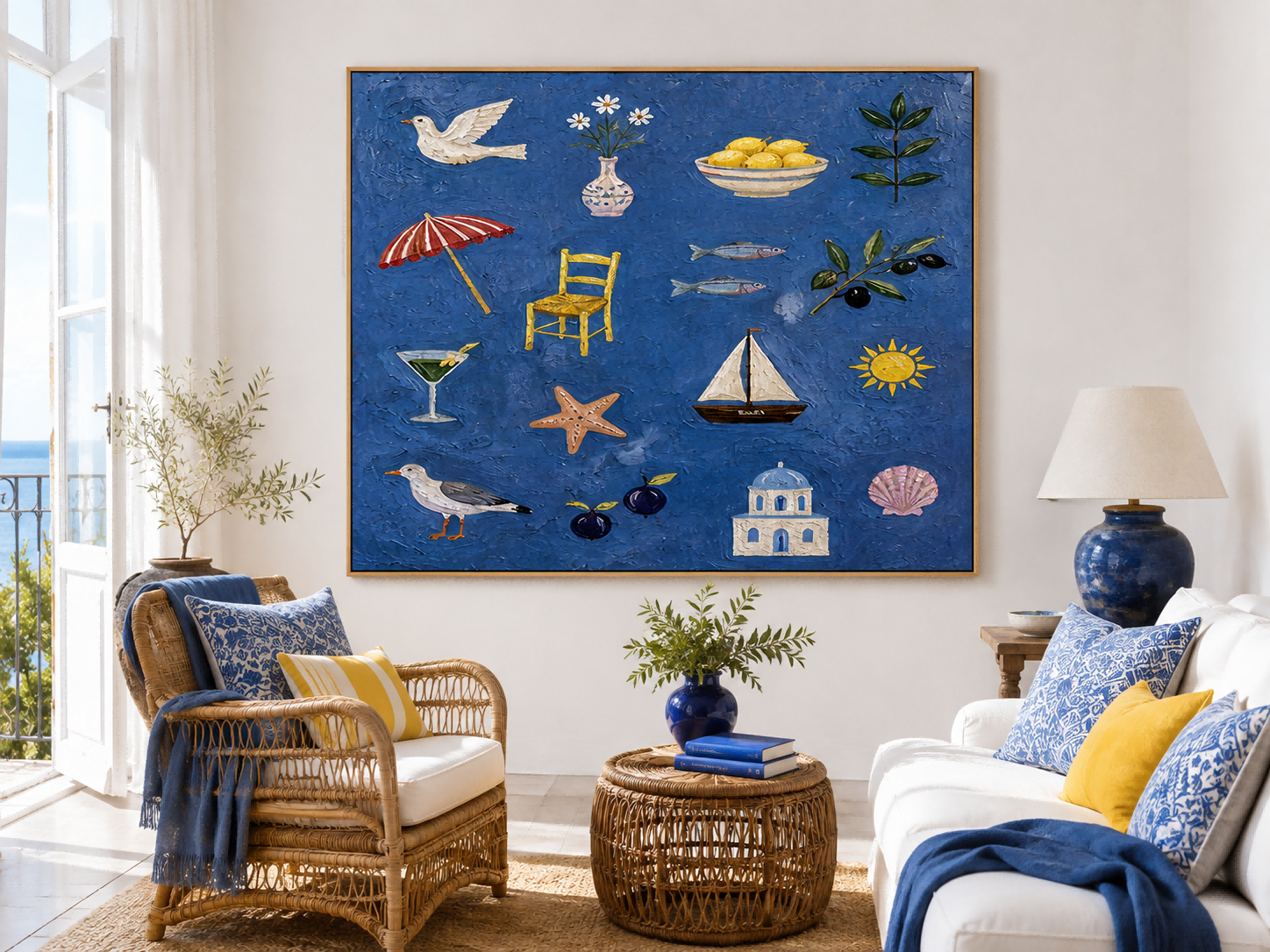 Mediterranean Folk Art Painting With Sea And Lemons For Coastal Home Decor