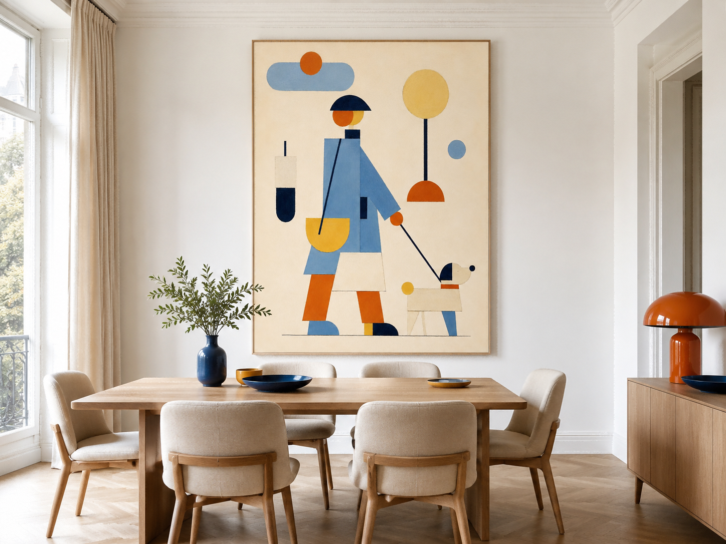 Minimalist Geometric Oil Painting Of Daily Life Scene With Abstract Shapes And Soft Colors