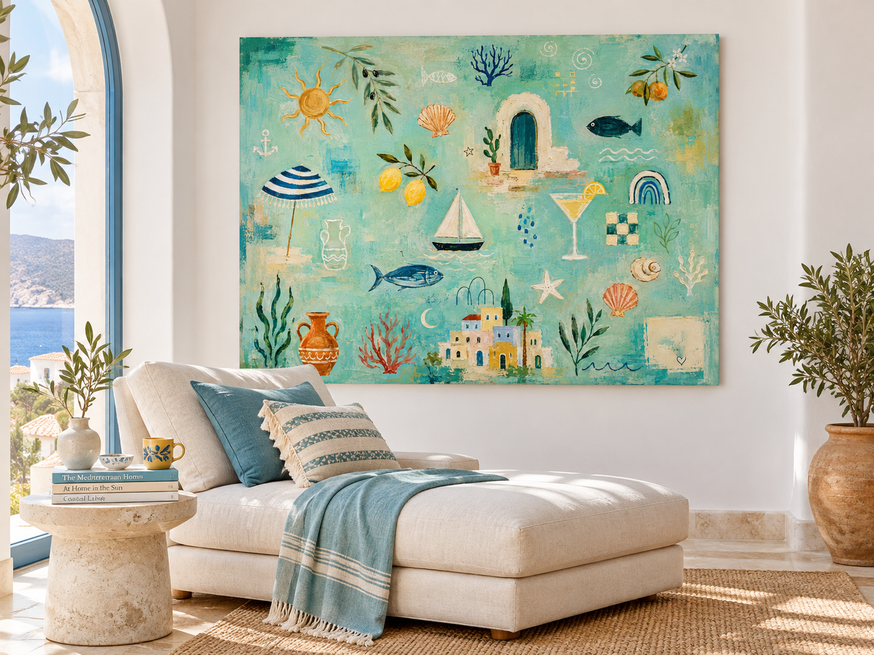 Modern Abstract Beach Decor Painting With Geometric And Organic Shapes