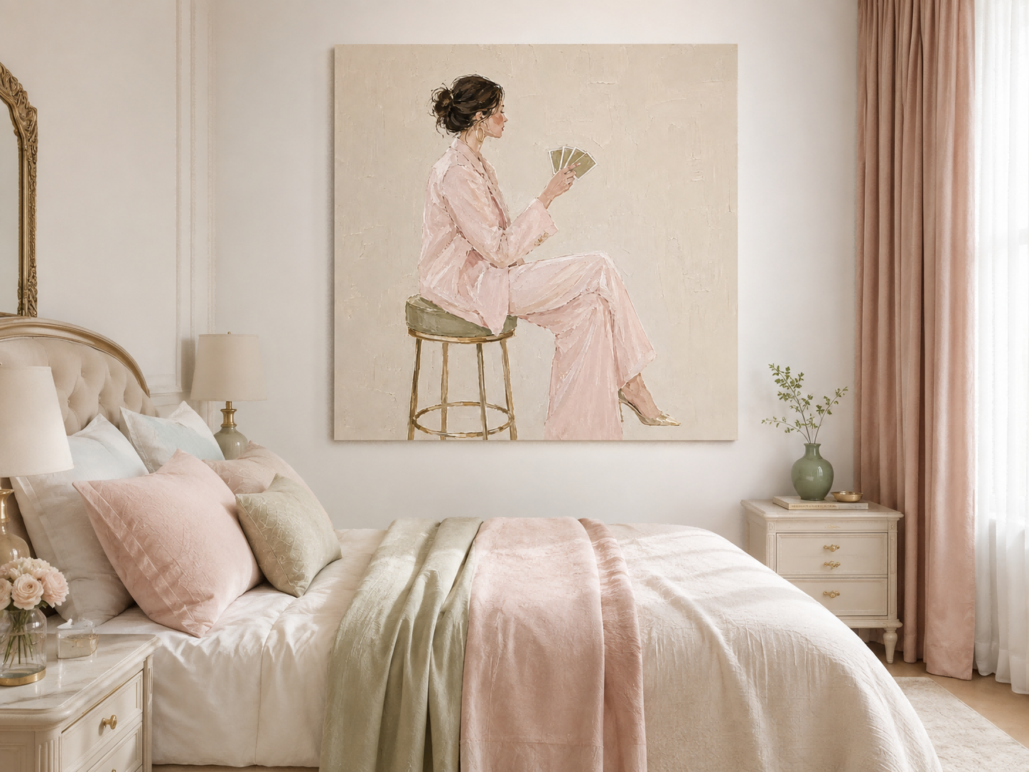 Chic Feminine Portrait Oil Painting Gold Stool Minimalist Art For Lounge Areas