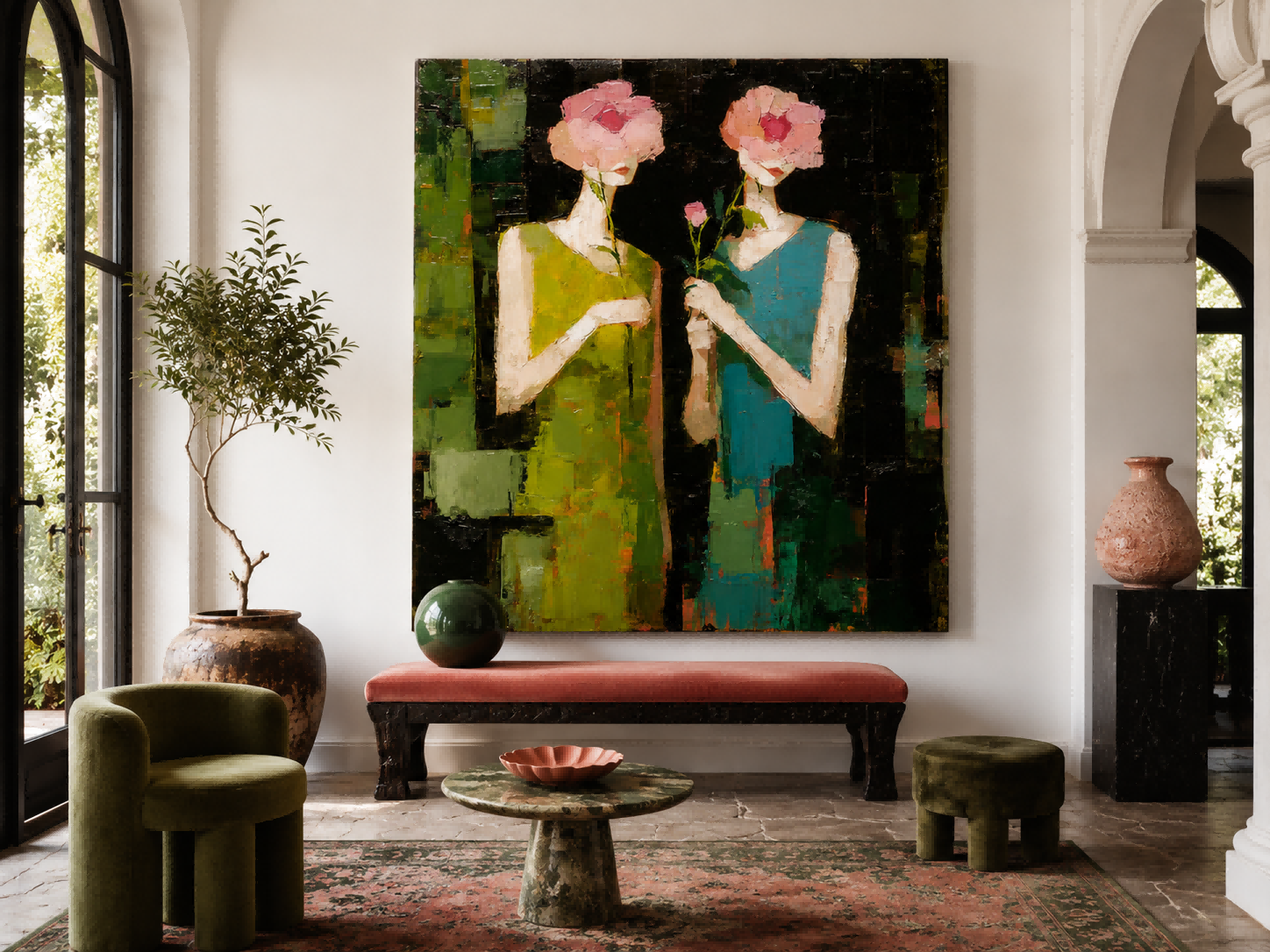Vintage Floral Portrait Art With Expressive Brushwork For Chic Living Room Decor