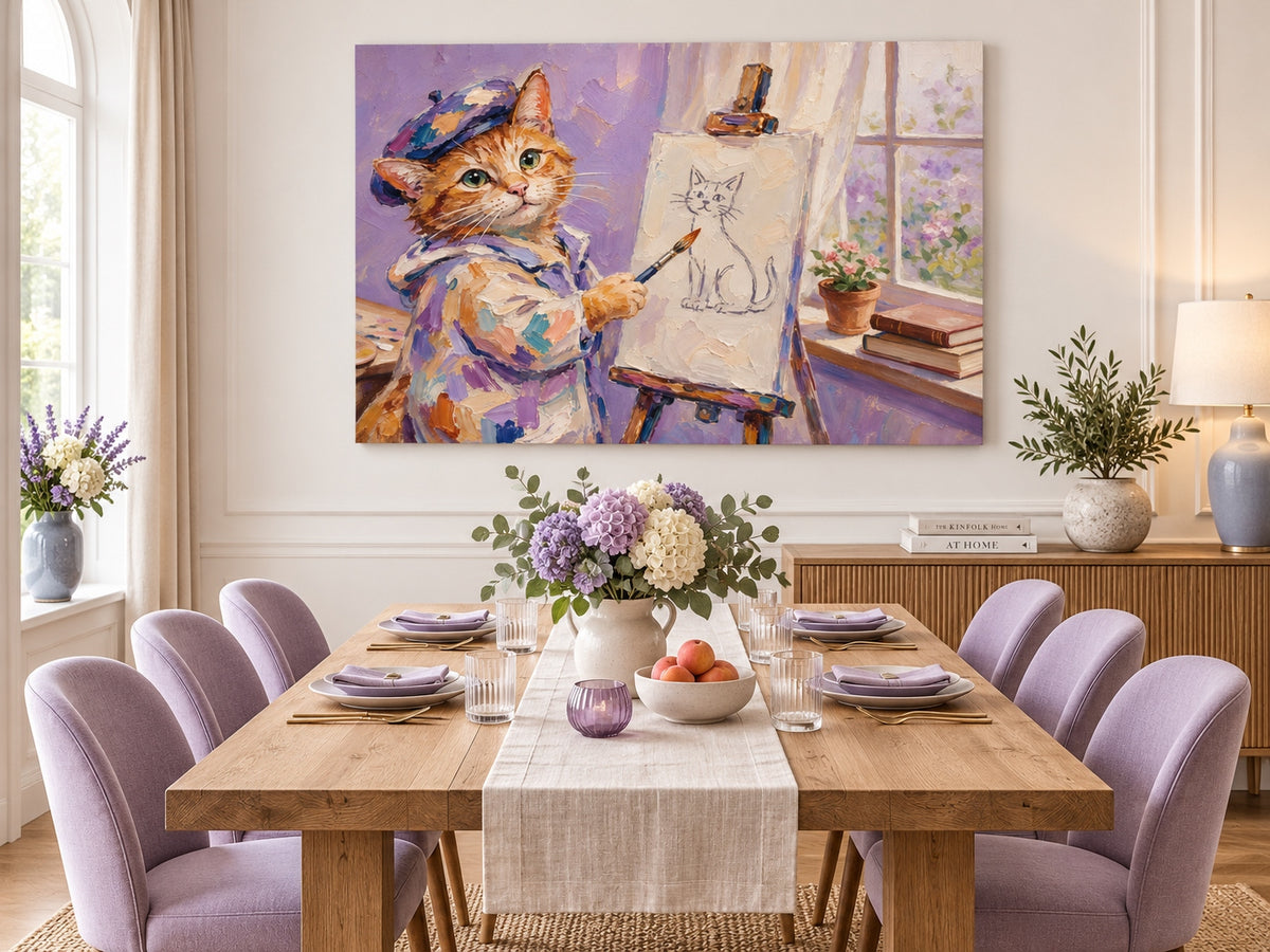 Hand-Painted Orange Cat Artist Canvas Painting With Beret And Easel