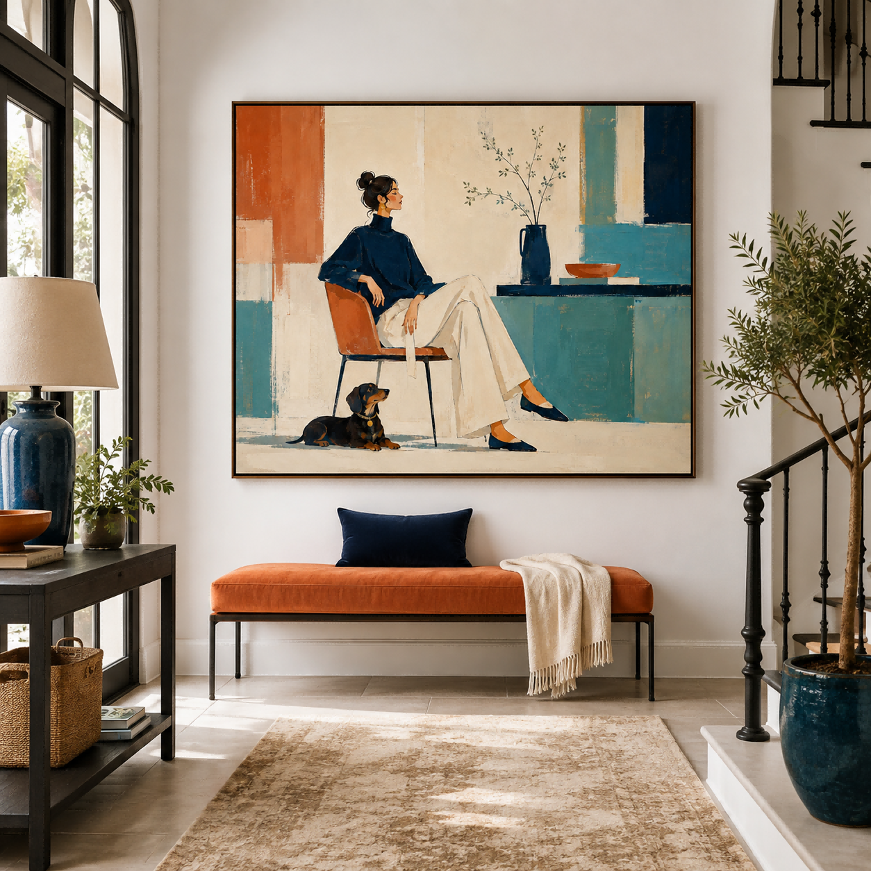 Stylish Illustrative Oil Painting Of Woman And Dog For Contemporary Home Interior Design