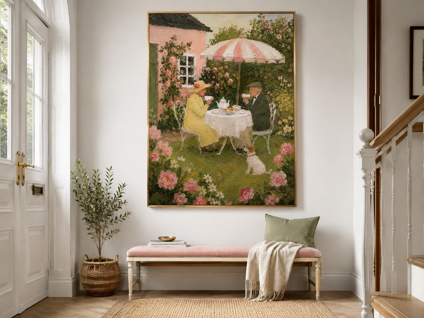 Vintage Romantic Oil Style Wall Art With Pink Roses And Tea Time Atmosphere