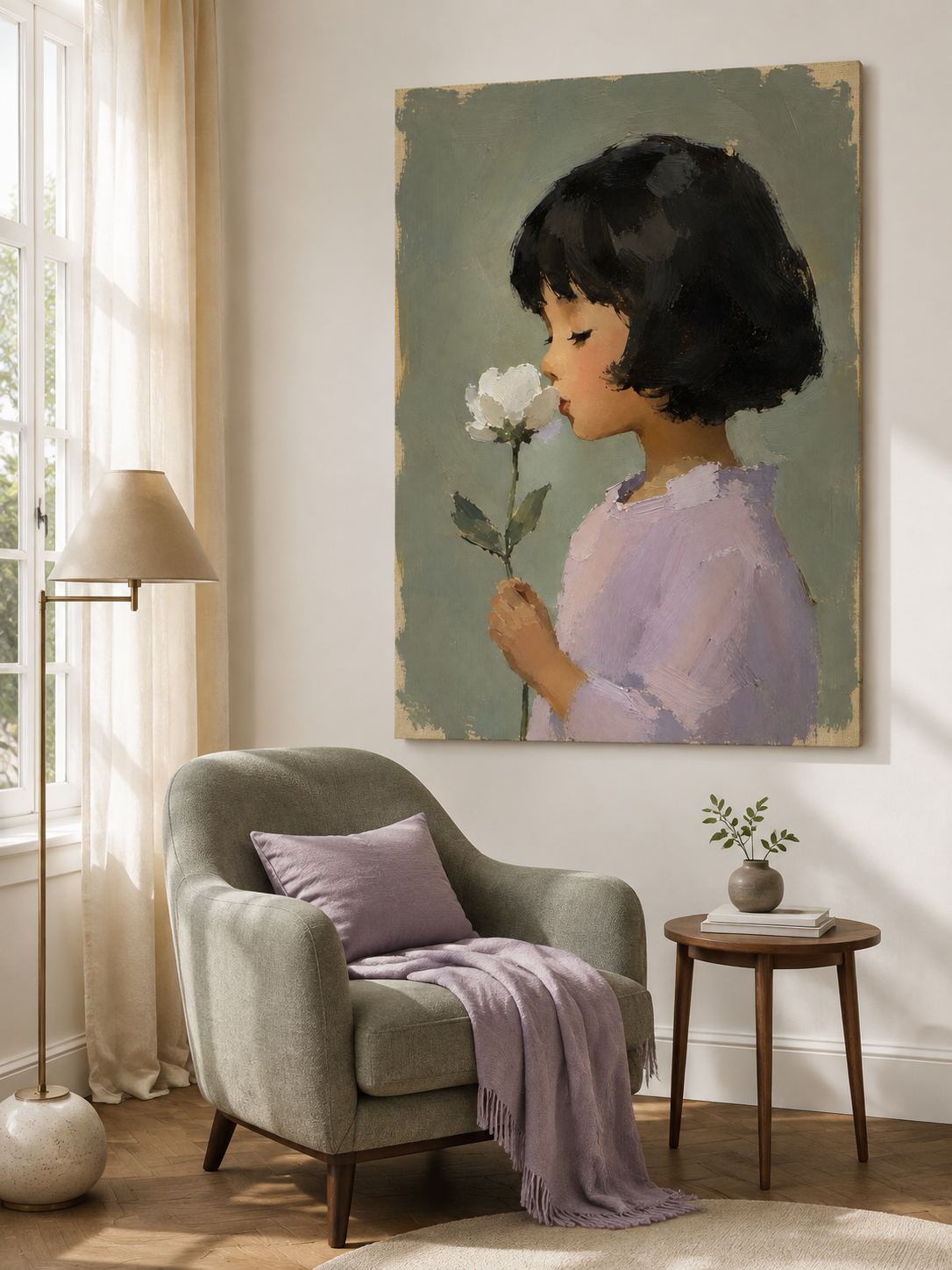 Modern Impasto Style Art Of Girl With Flower In Sage Green Tones