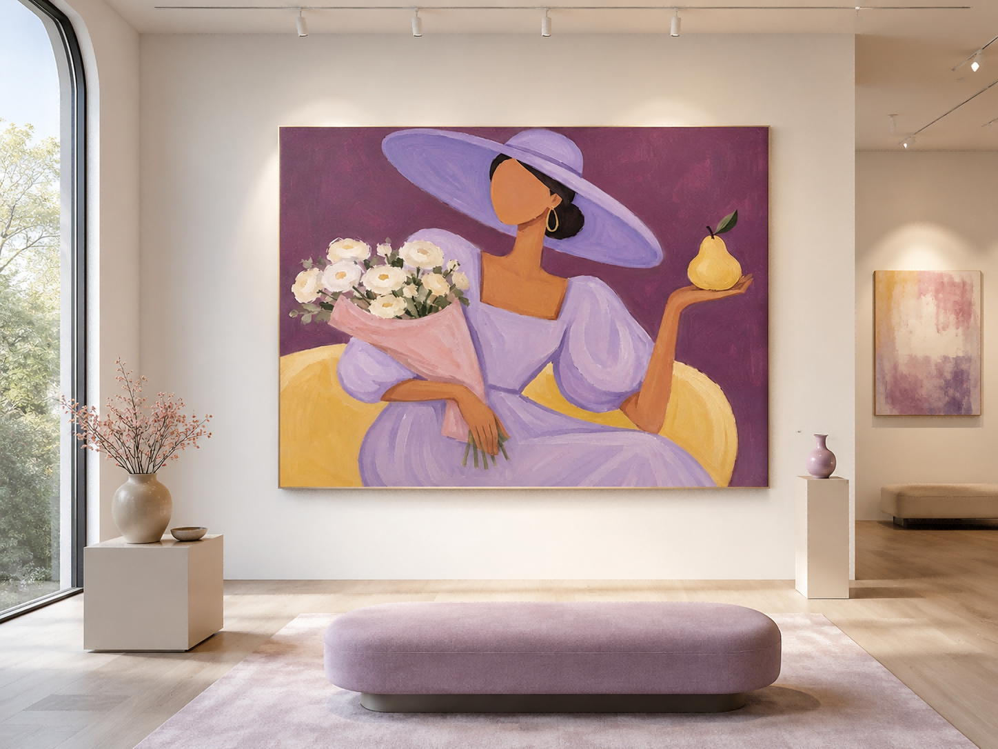 Abstract Female Figure With Yellow Pear And White Roses Modern Art Print Square Framed Canvas