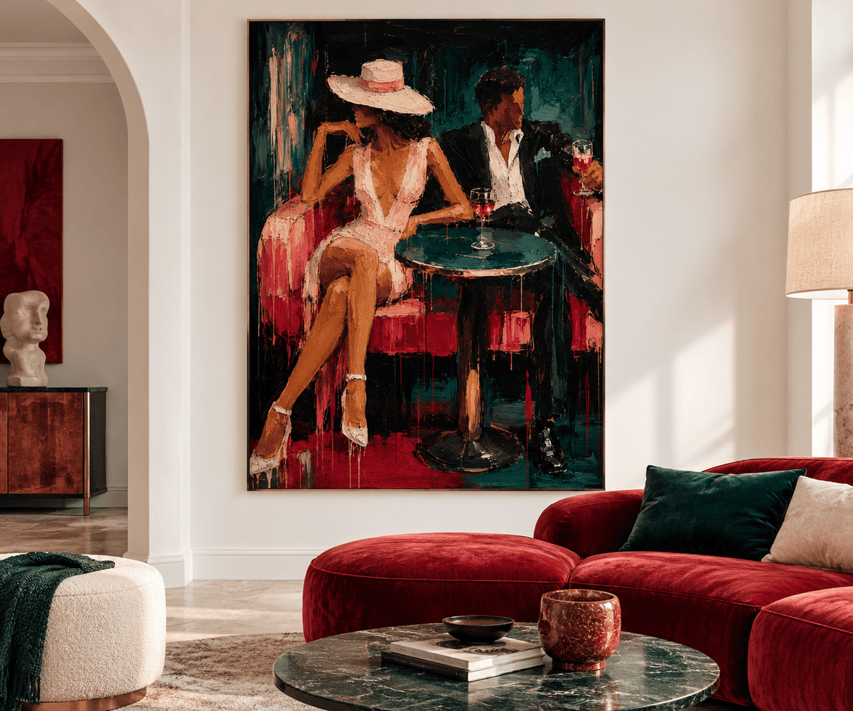 Modern Textured Oil Painting Of Elegant Man And Woman In Retro Style