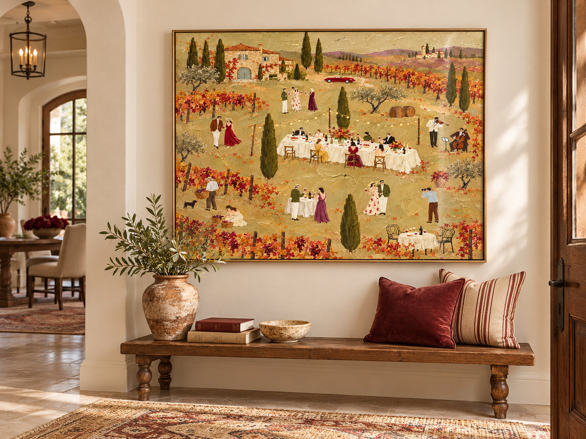Tuscan Vineyard Dinner Party Hand-Painted Canvas Wall Art In Warm Autumn Colors