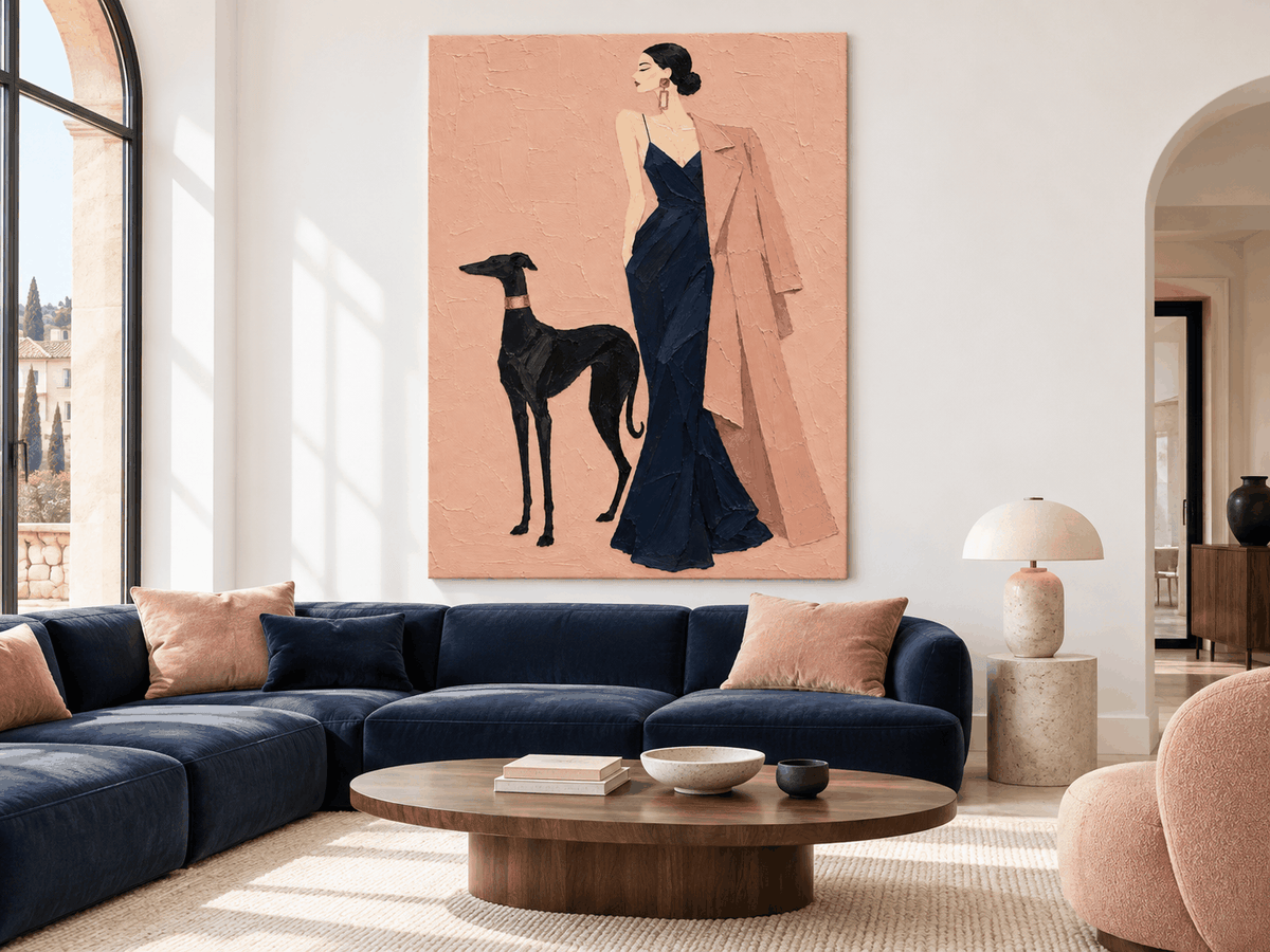 Hand-Painted Woman With Dog Canvas Art In Navy And Pink