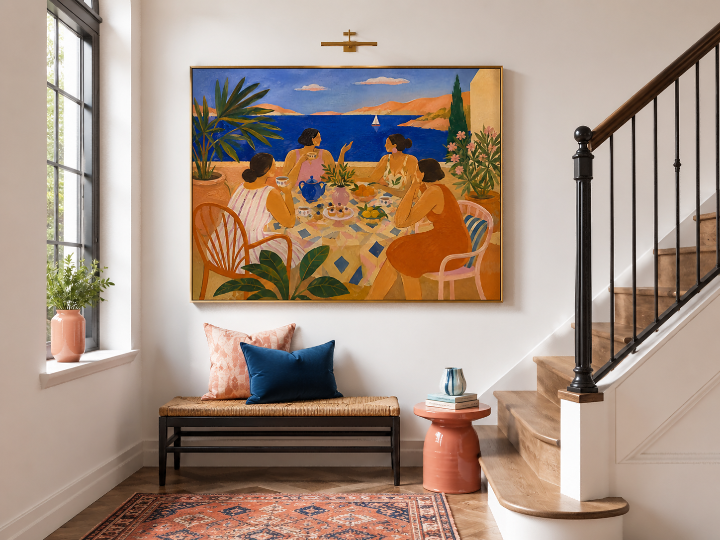 Dreamy Art Deco Style Painting Of Coastal Leisure And Elegant Tea Time
