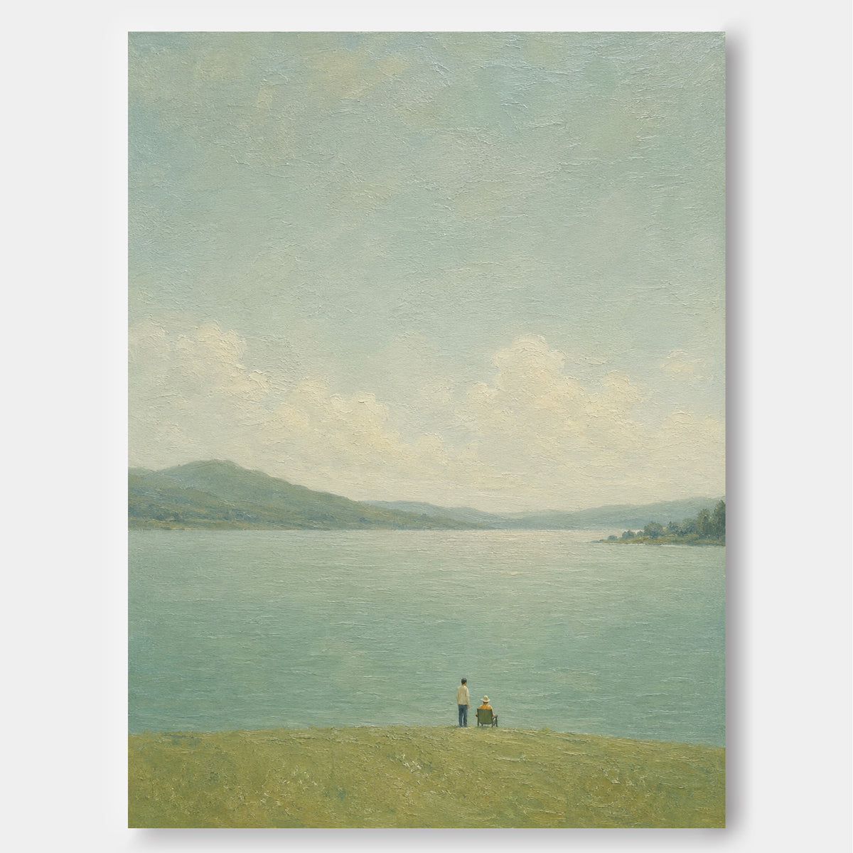 Serene Lakeside Couple Gazing At Distant Mountains Hand-Painted Canvas Art