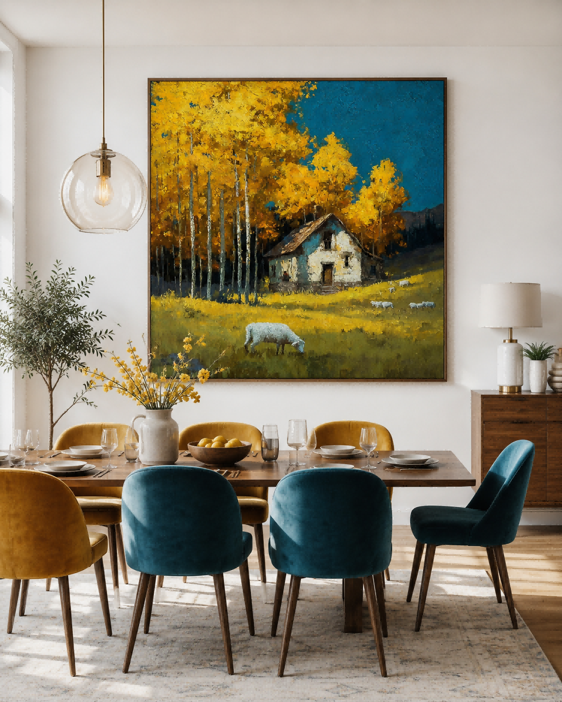Golden Autumn Farmhouse Painting With Sheep In Field For Living Room Wall Decor