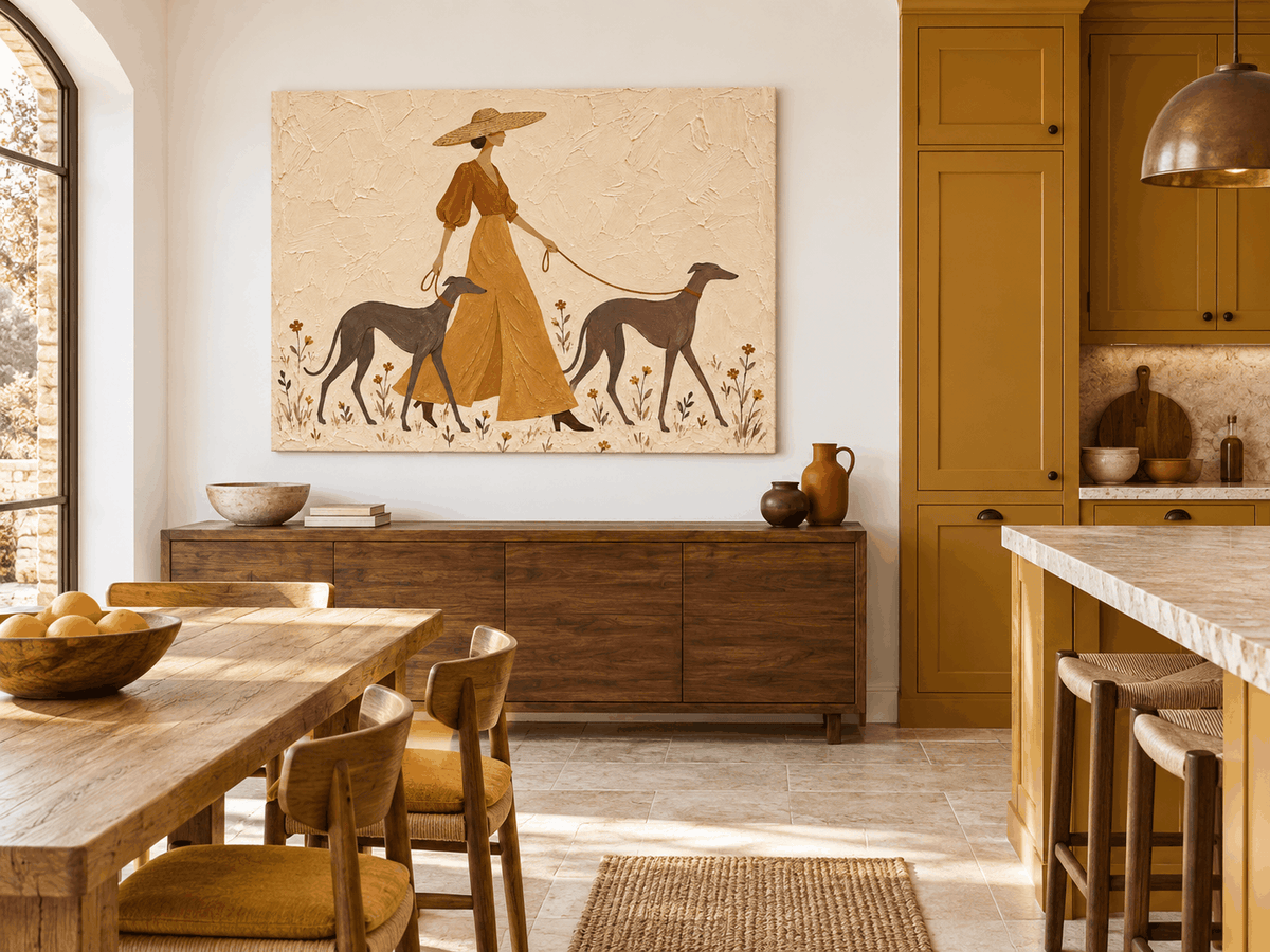 Vintage Woman With Dogs Canvas Painting Abstract Pastoral Art Beige