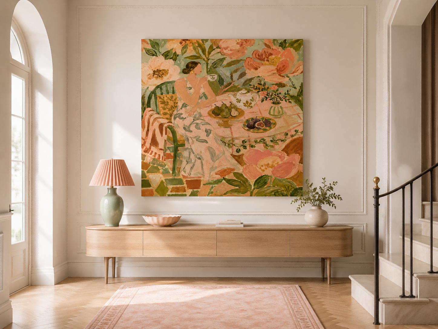 Whimsical Art Deco Style Oil Painting Of Lady In Garden Setting