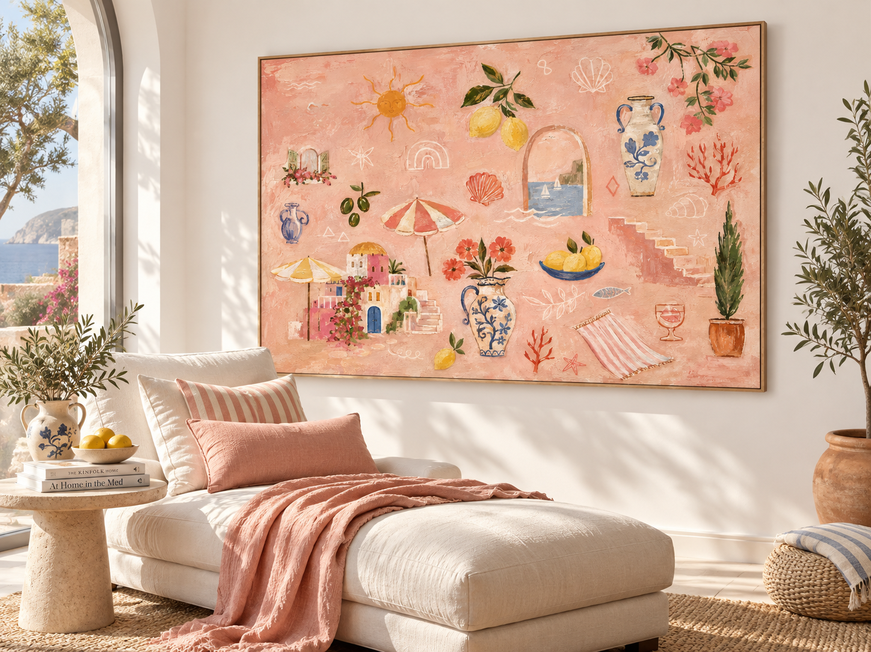Modern Abstract Pink Orange Painting Romantic Summer Vibe Art