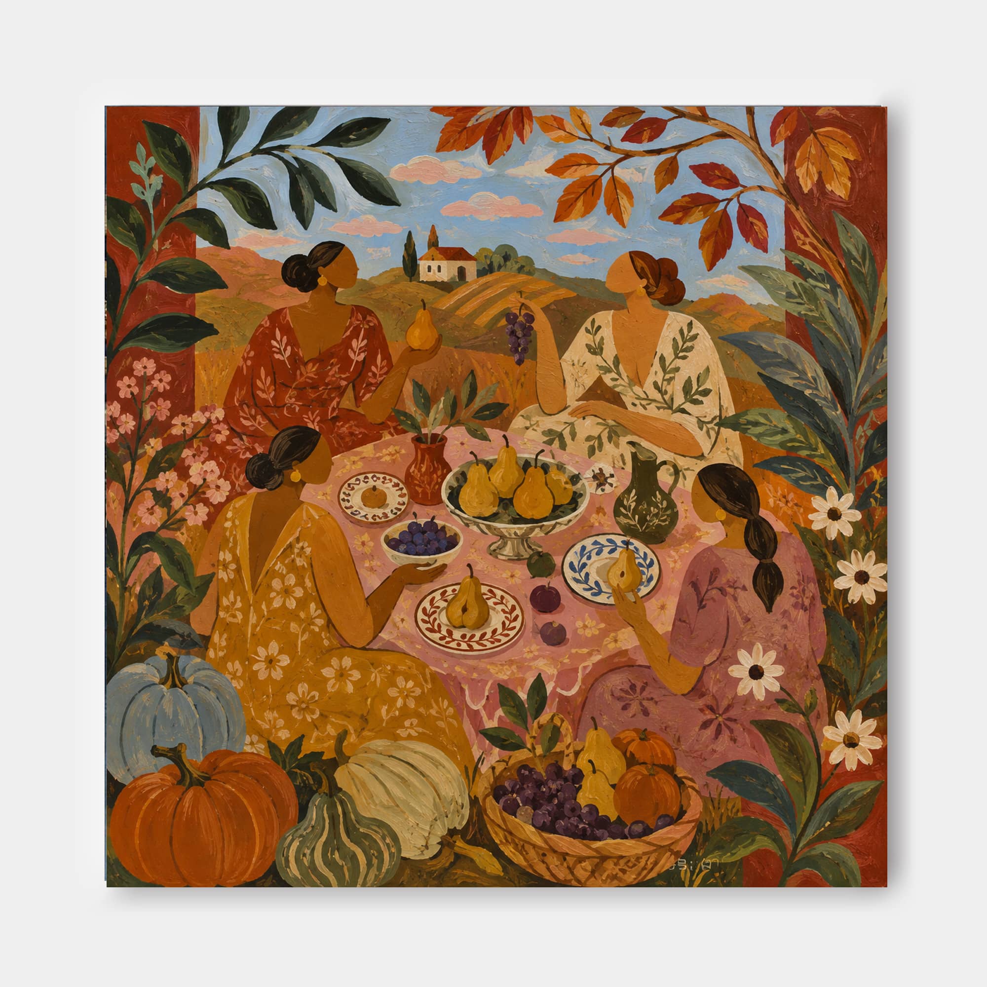 Fantasy Style Original Canvas Painting Of Outdoor Picnic With Floral Details