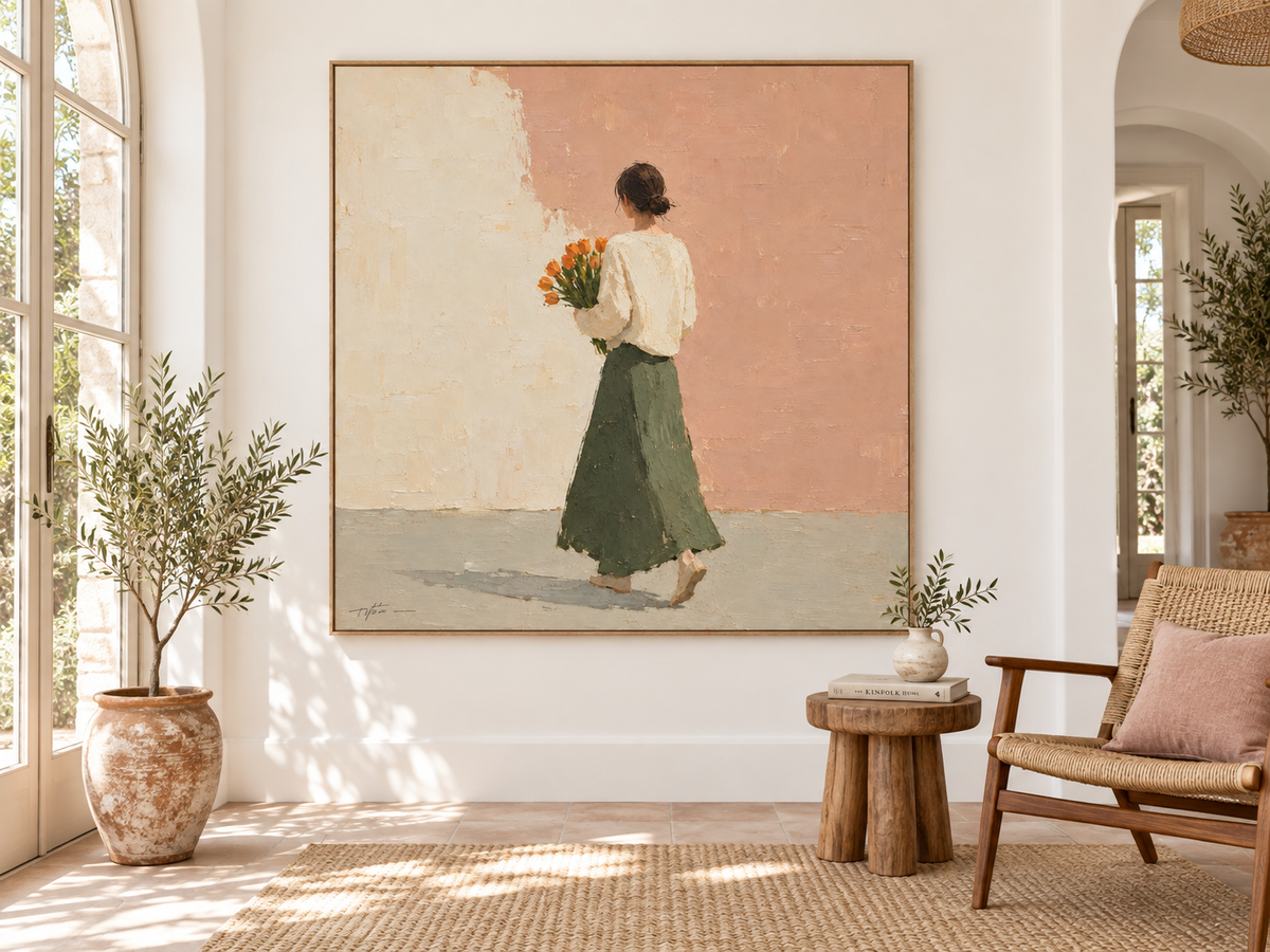 Woman With Orange Tulips Hand-Painted Canvas Art In Beige And Pink