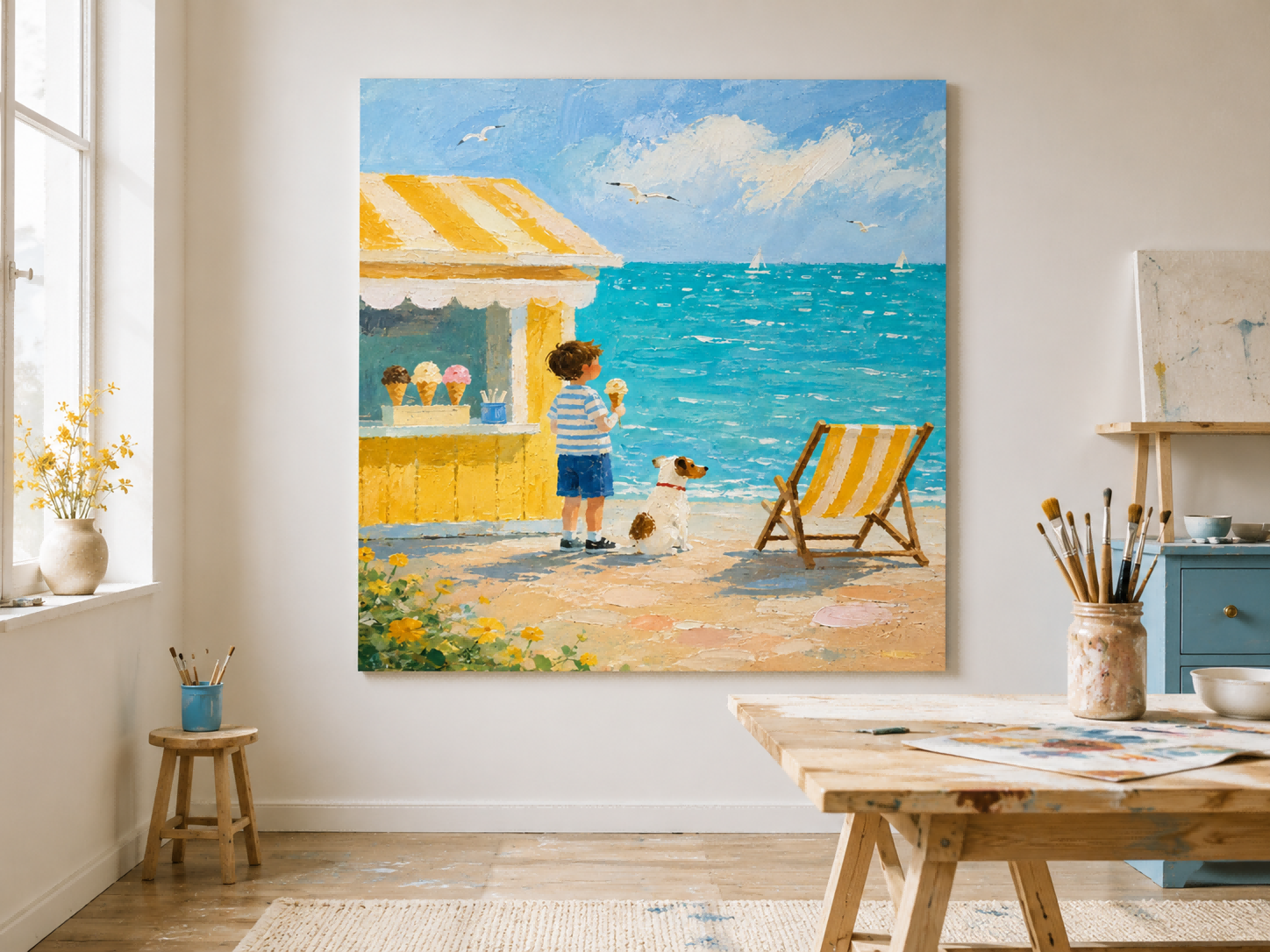 Cheerful Beach Scene Canvas Painting For Coastal Living Room Decor