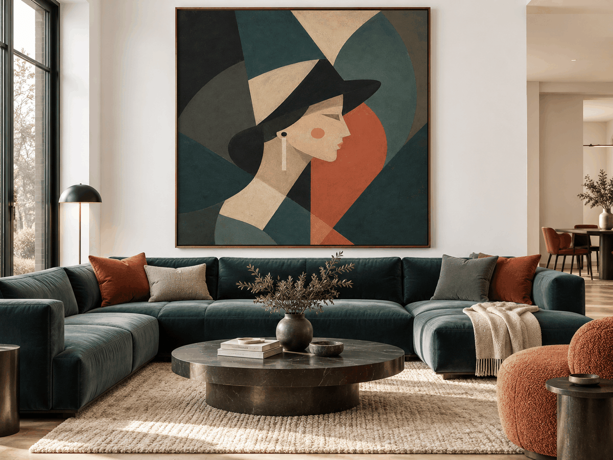 Minimalist Art Deco Style Painting With Morandi Green And Red Tones