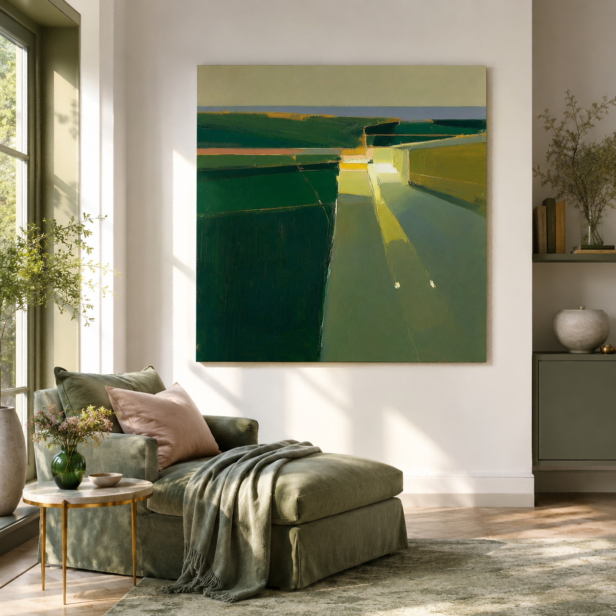 Modern Abstract Green And Yellow Square Oil Painting For Living Room Wall Art Decor